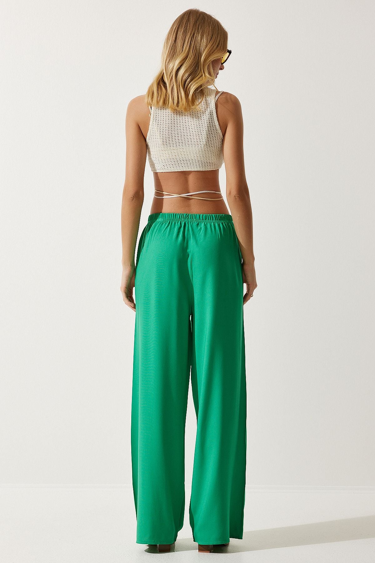 Woman Light Green Summer Viscose Palazzo Pants EN00610