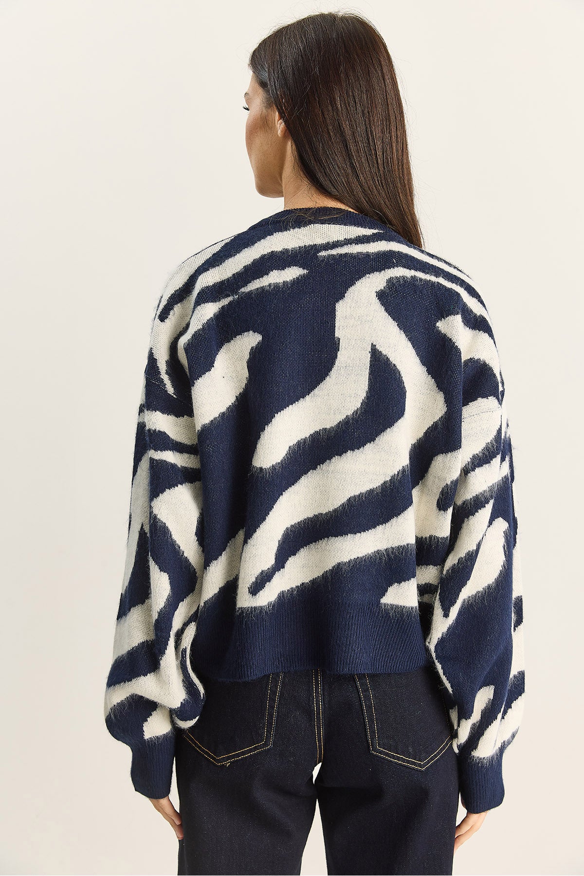 Women's Thick Zebra Patterned Crew Neck Ribbed Knitwear Sweater 60285006