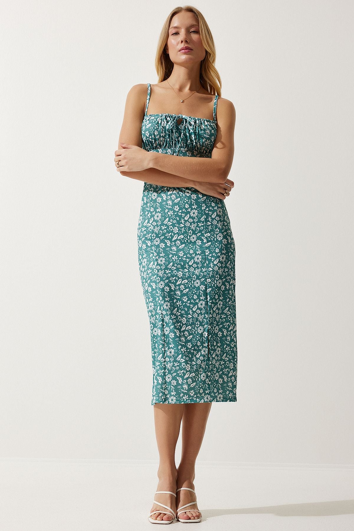WOMEN'S WATER GREEN FLOWER SWEED SUMMER Knitting Dress CI00029