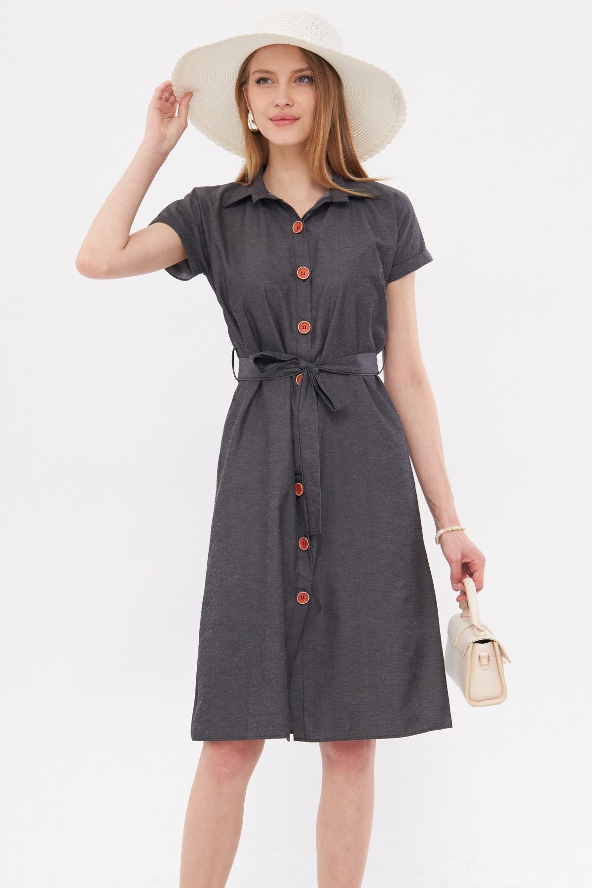 WOMEN'S ARRASİS WAST Belt Short Sleeve Shirt Dress ARM-19Y001068