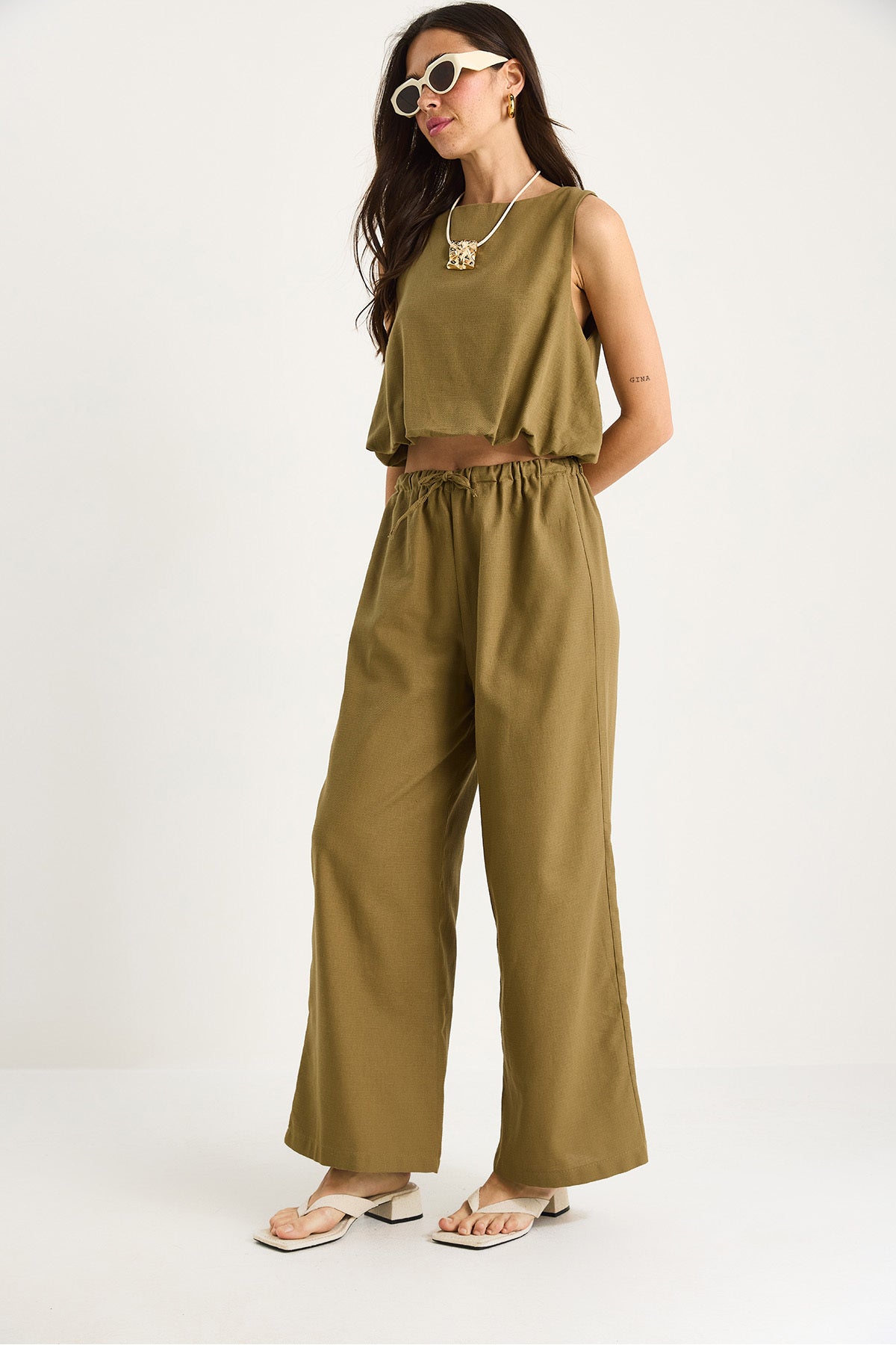 Women's Balloon Detailed Blouse with Palazzo Trousers Linen Bottom-Top Set 9367 60281072