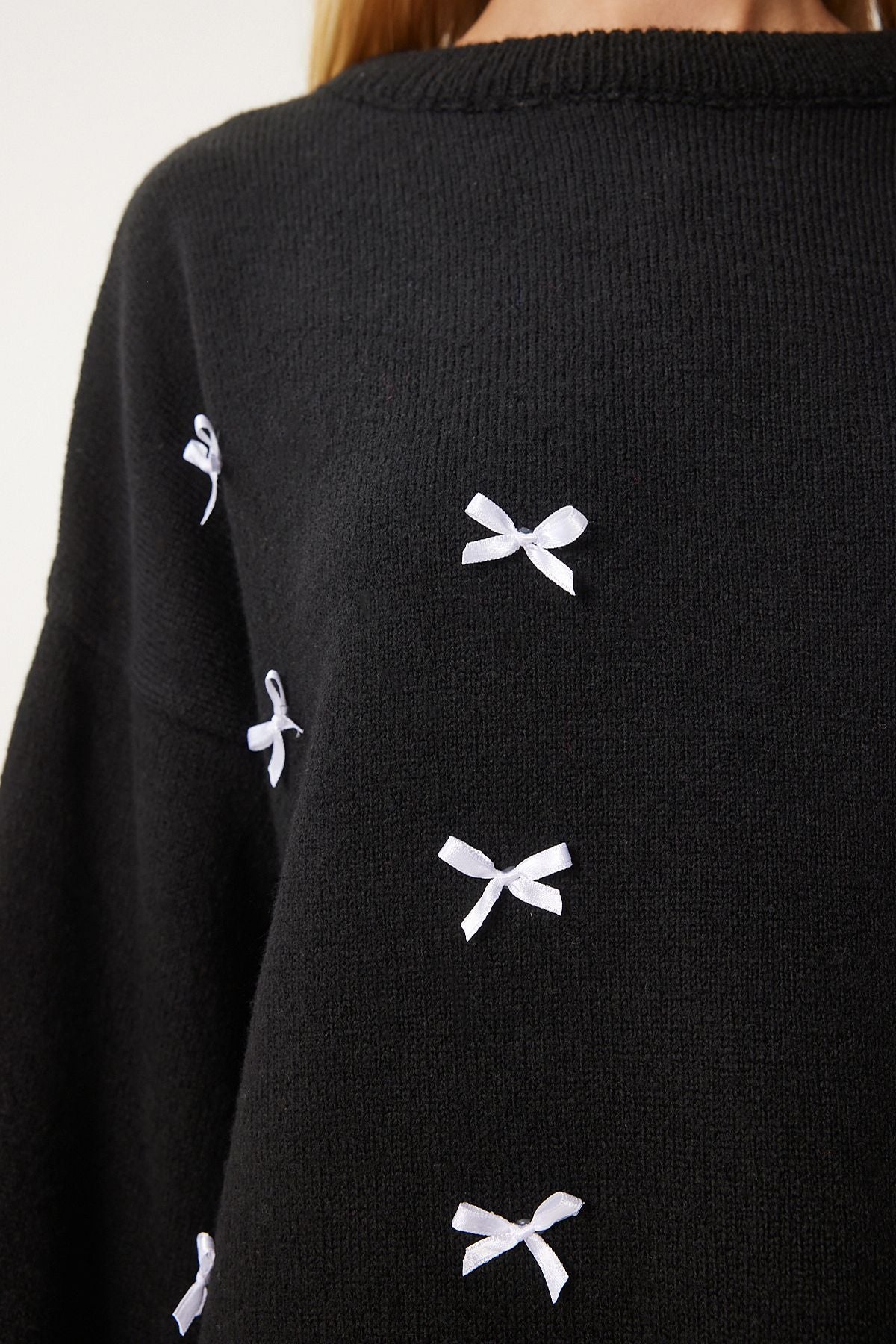 Female Black Bow Detailed Oversize knitwear sweater KB00042