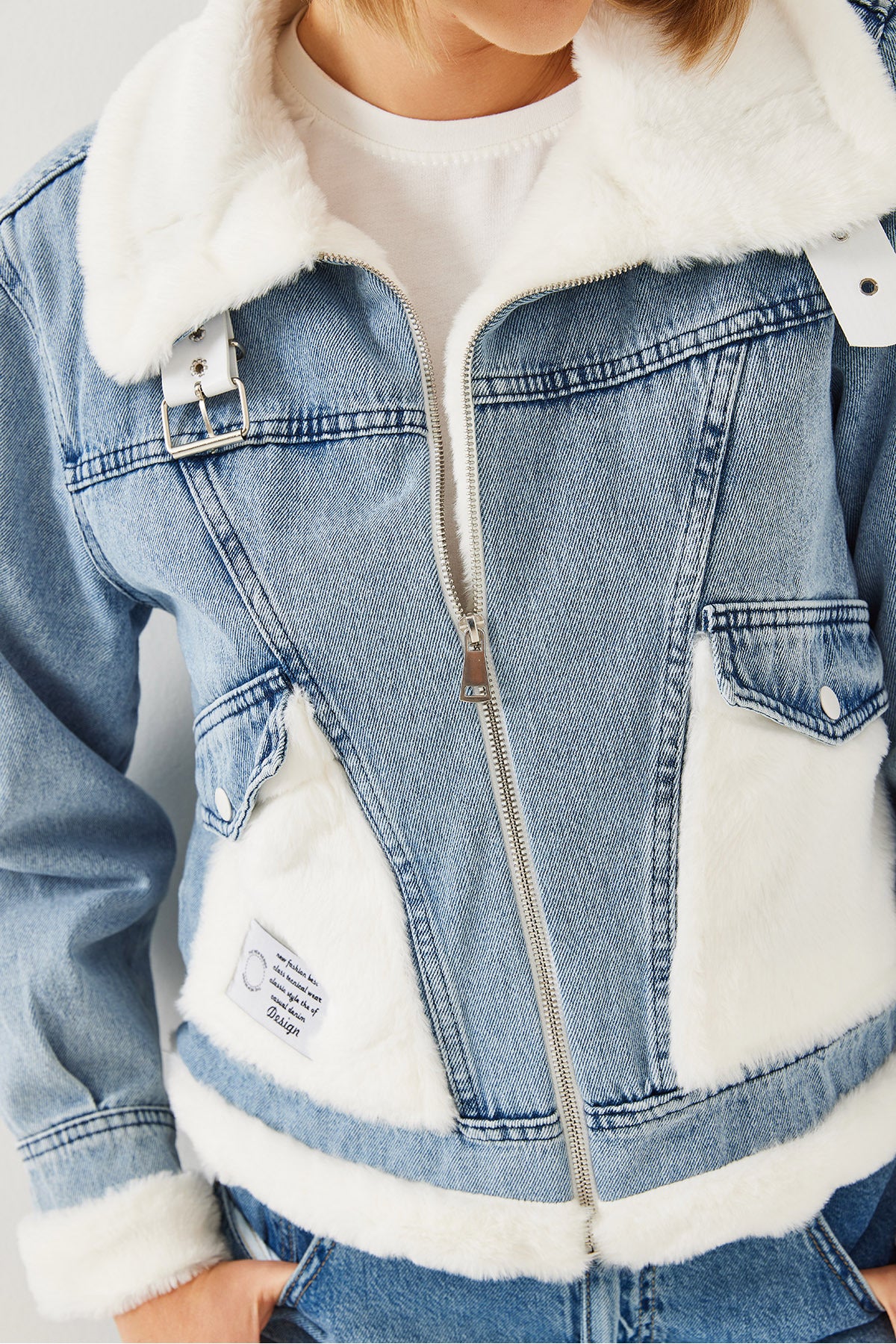 Women's Belt Detailed Furry Denim Coat 2438 60251947