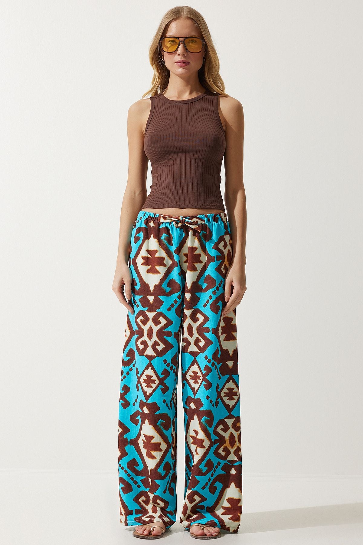 Female turquoise patterned raw linen palazzo pants BH00397