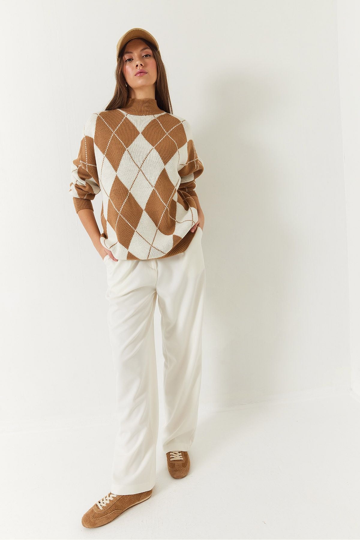 Female Baklava Patterned Half Fisherman Neck Oversizle Thick Knitwear Sweater 60261376