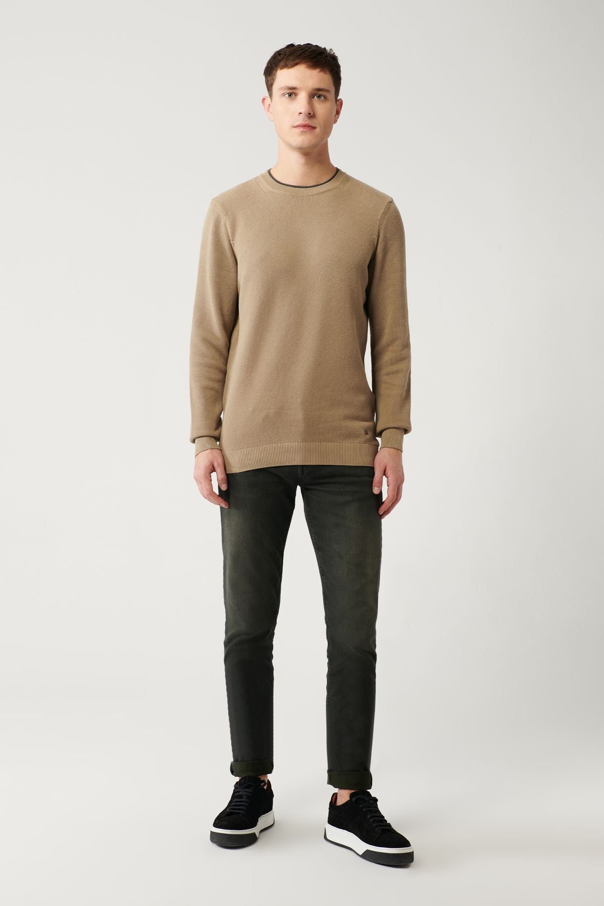 Men's Beige Double Collar textured knitwear sweater A32y5100