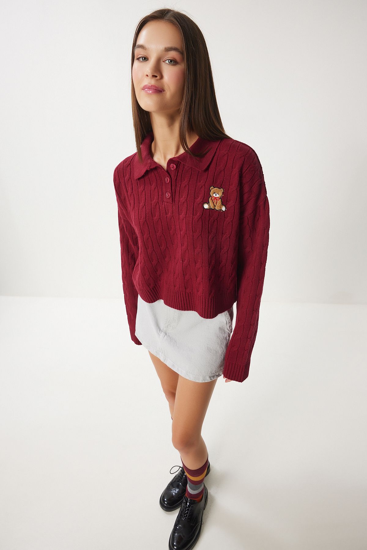 Women's burgundy motif knitwear sweater zh00043