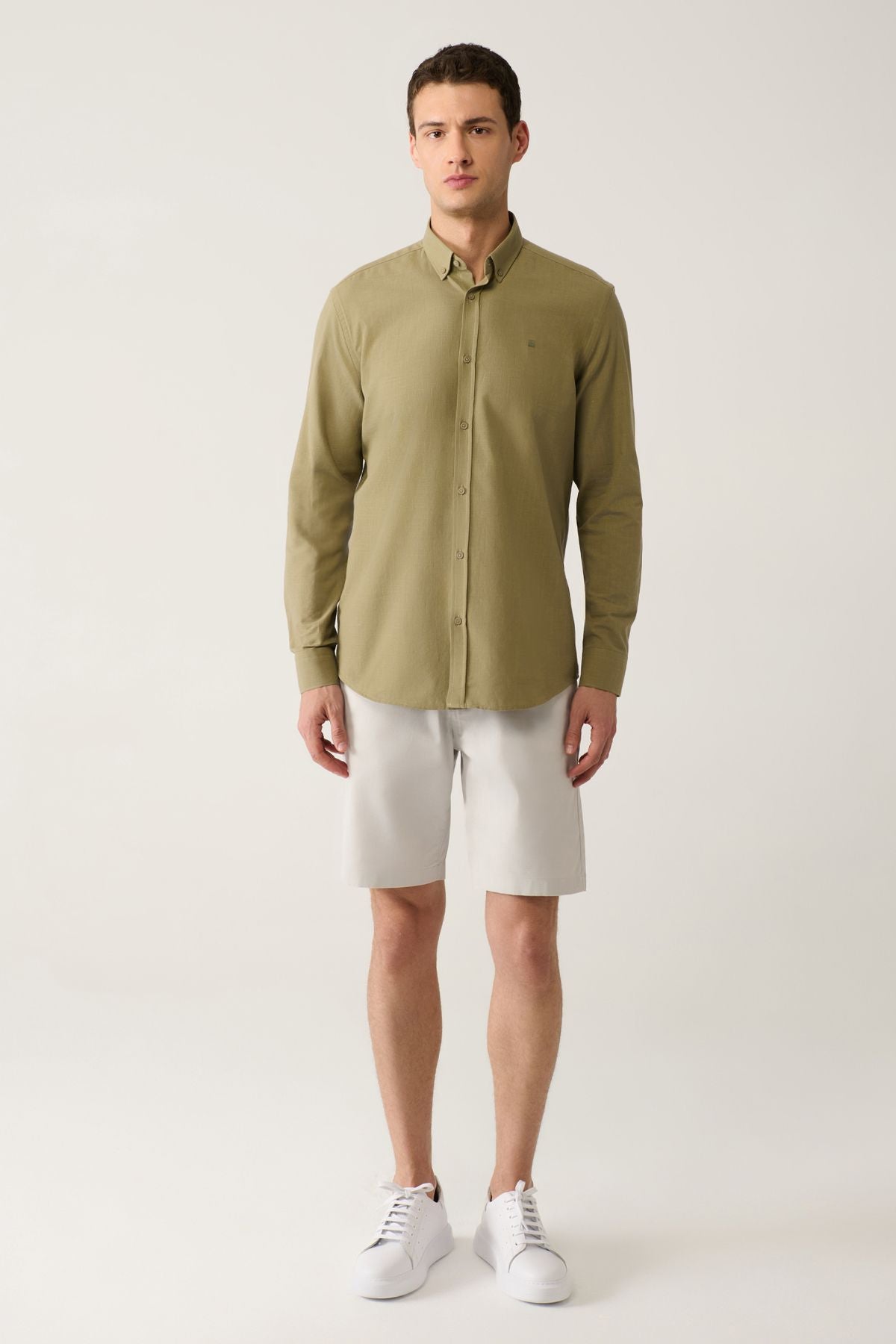 Male Khaki Buttoned Neck 100 %Cotton Linen textured shirt E002141