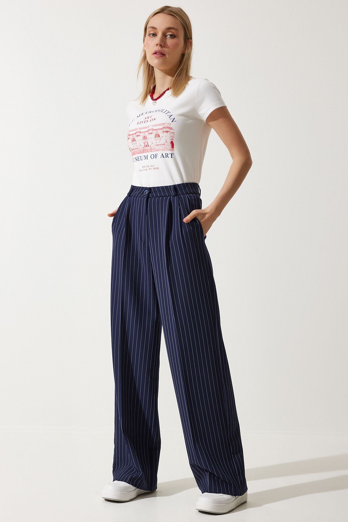 Woman Navy blue fine striped masculine palazzo pants DW00005