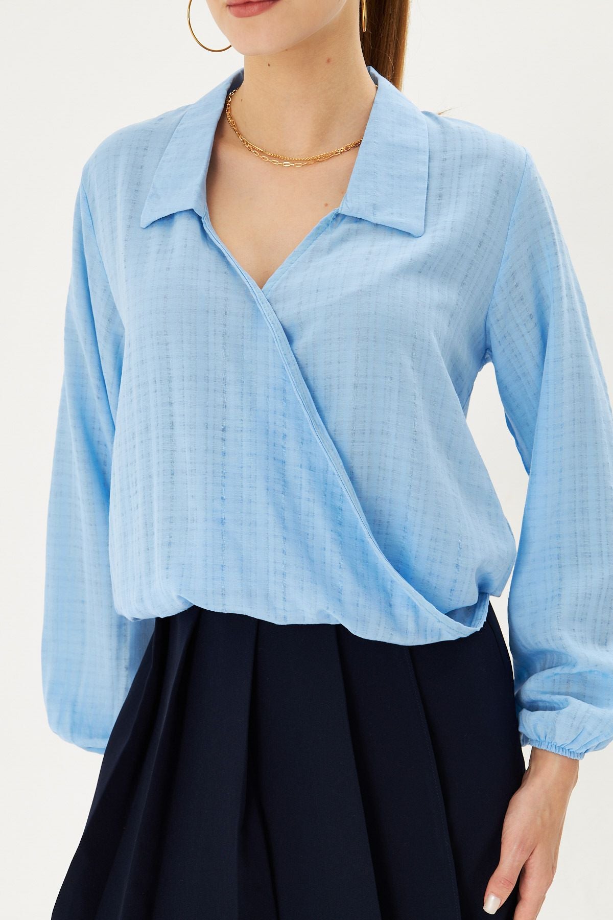 Female Baby Blue Band and Waist Rubble Cruve Blouse ARM-25K001041