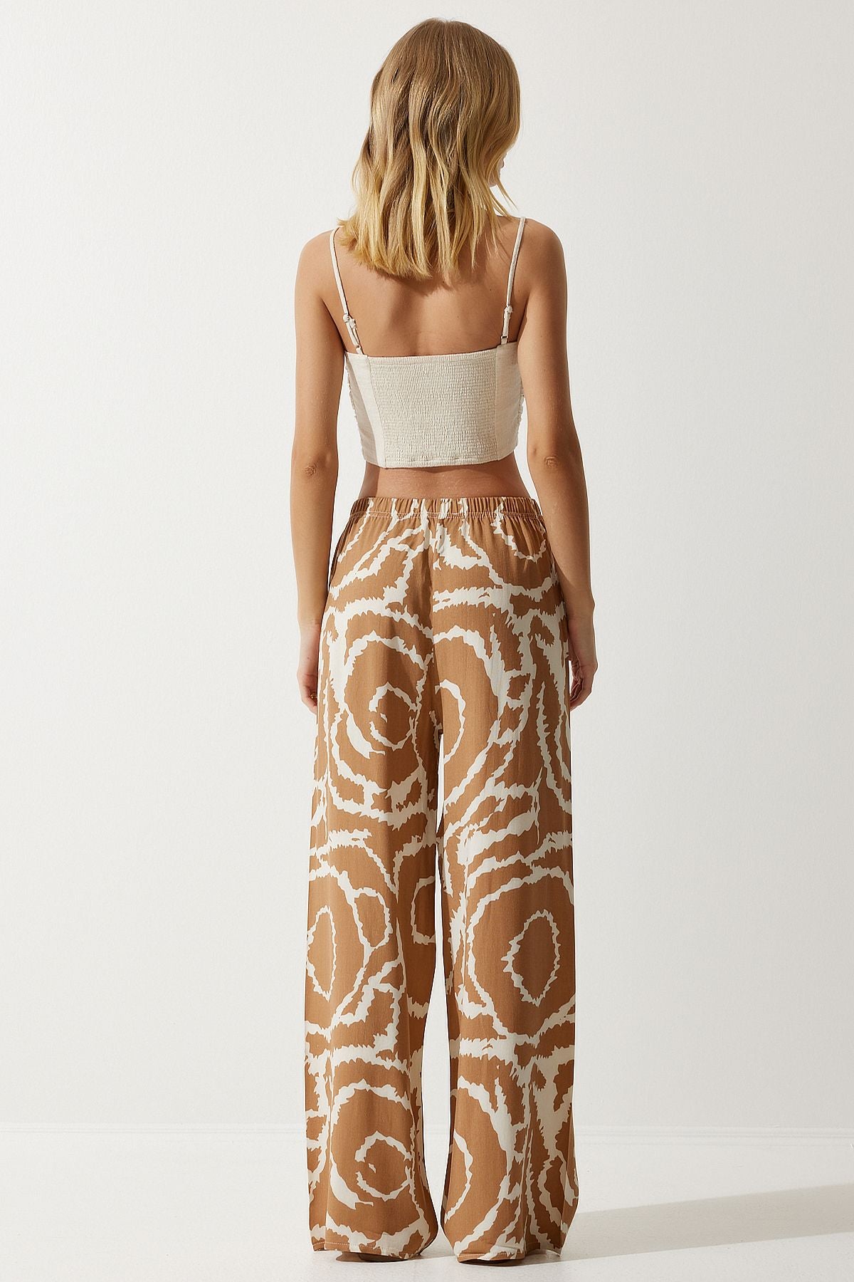 Female Biscuit Cream Patterned Viscose Palazzo Pants EN00606