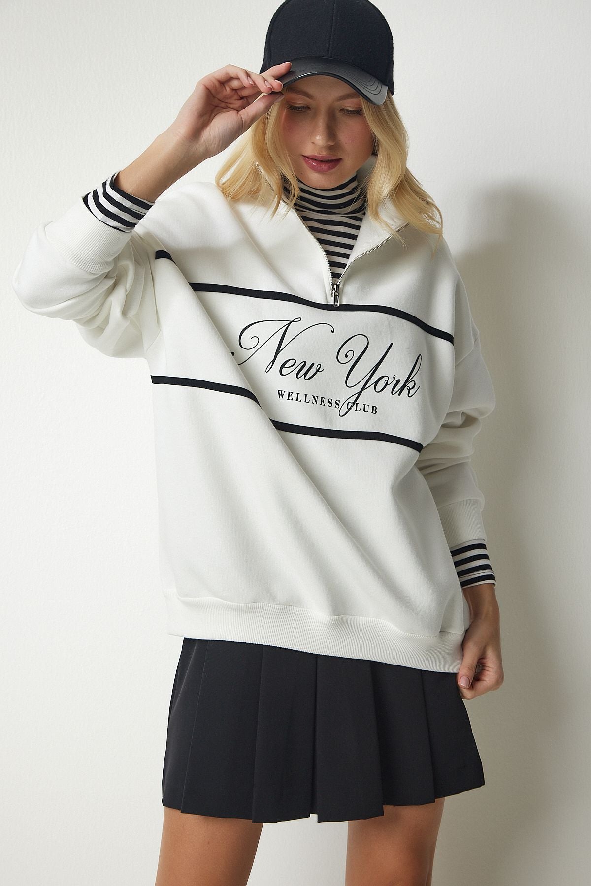 WOMEN ECRU Zippered Neck Printed Sweatshirt UB00168