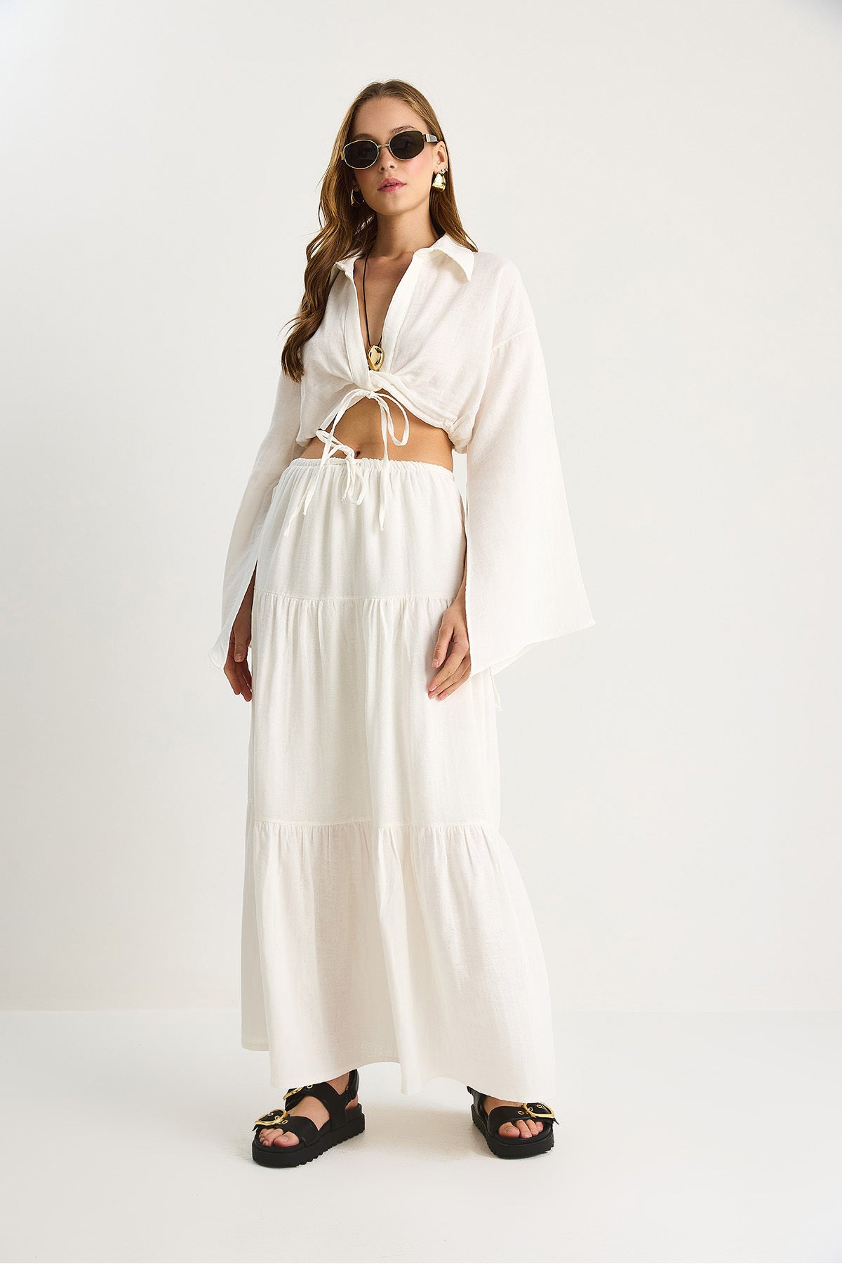 Women's Tie Detailed Slit Wide Sleeve Blouse Lined Long Skirt Suit DT251007 60283497