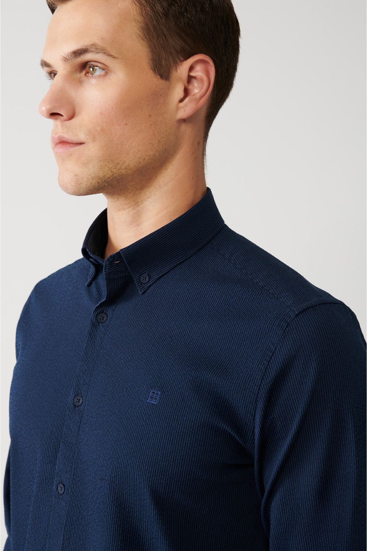Men's navy blue striped cotton easy ironable shirt A32Y2098