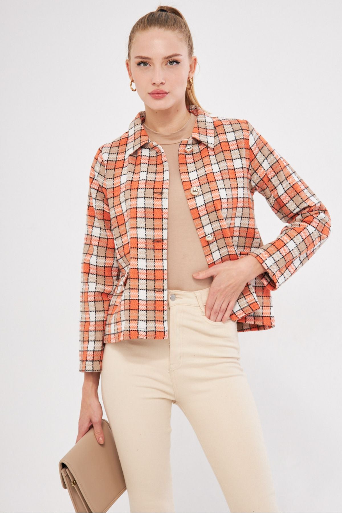 Women's Orange Patterned Pocket Cover Jacket ARM-25K001038