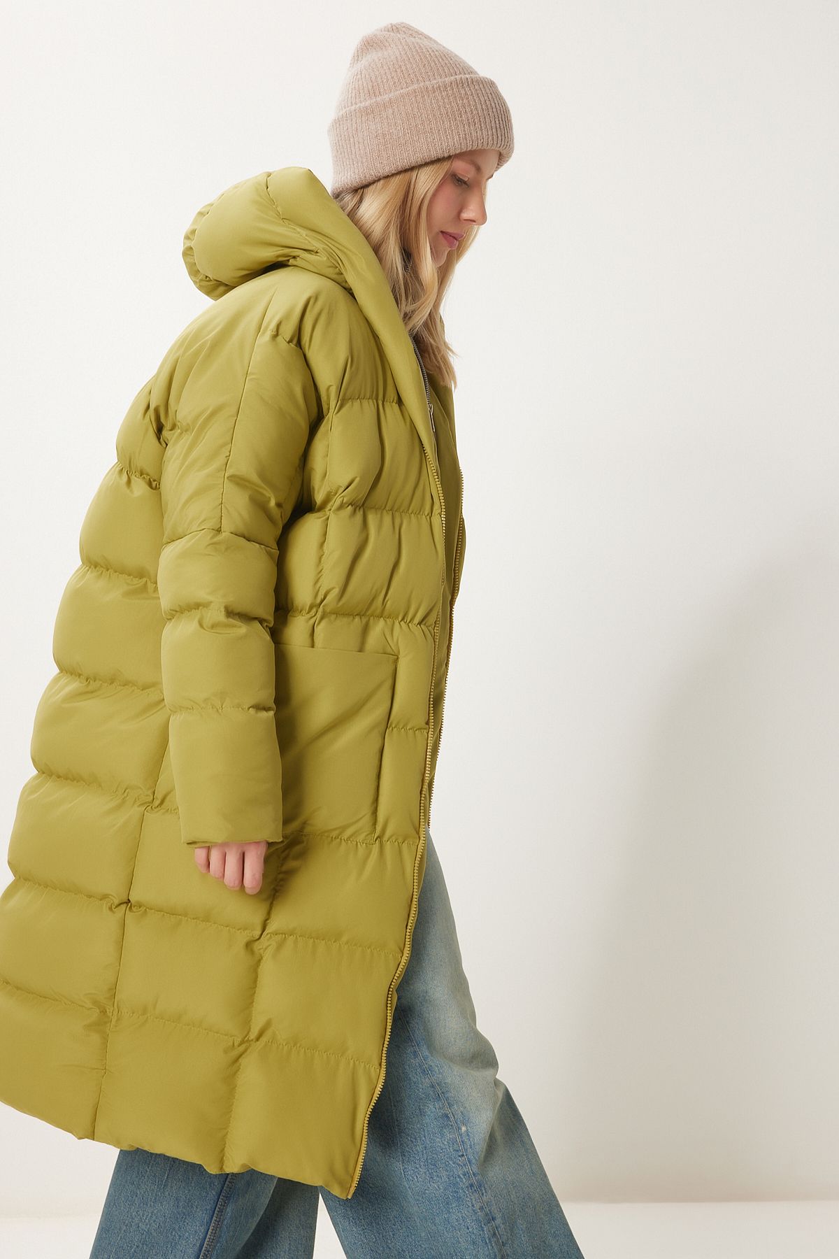 Female fat green hooded overlooking long swelling coat NT00428