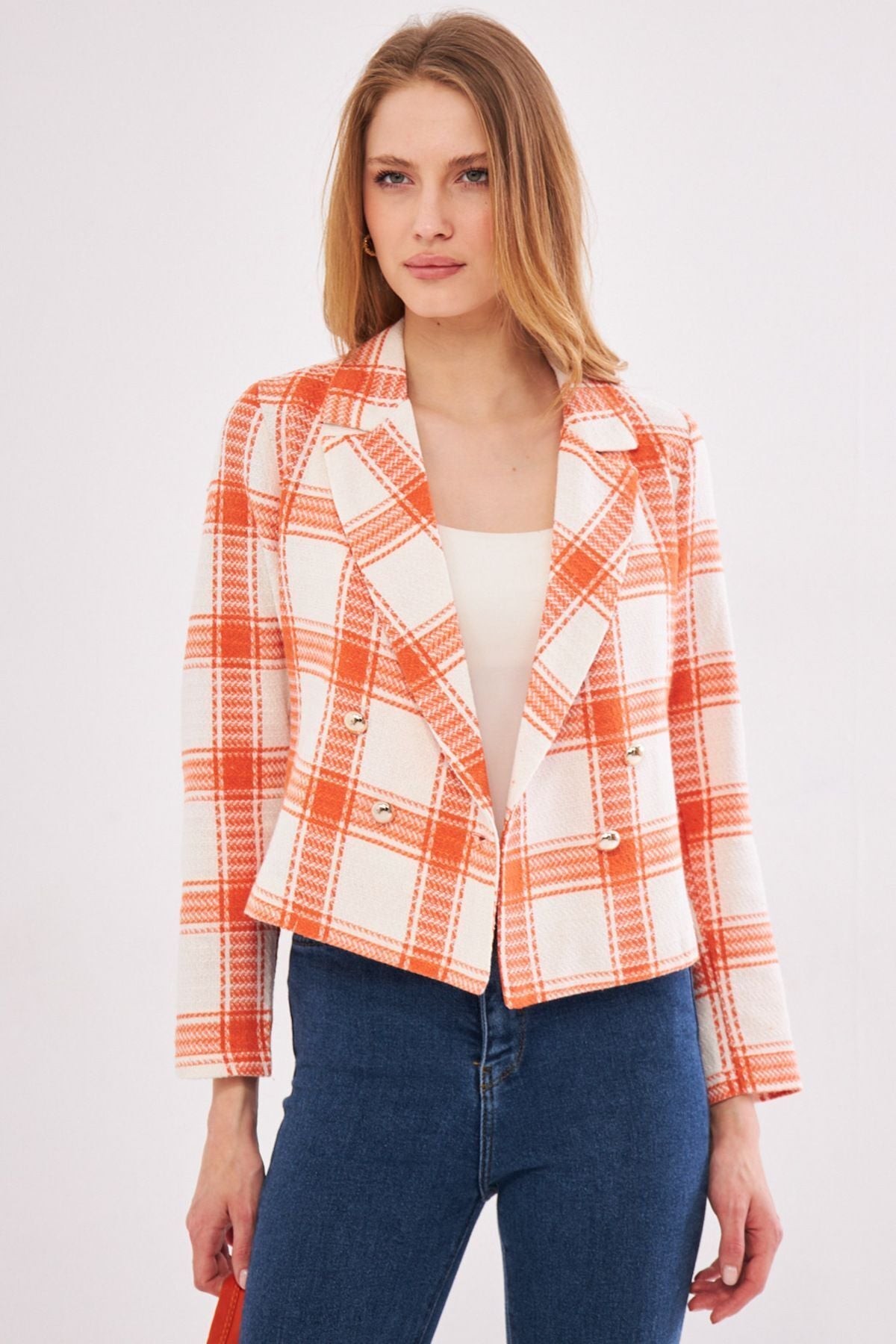 Women's Orange-White Cruishery Yaka Tüvit Crop Jacket ARM-24K001014