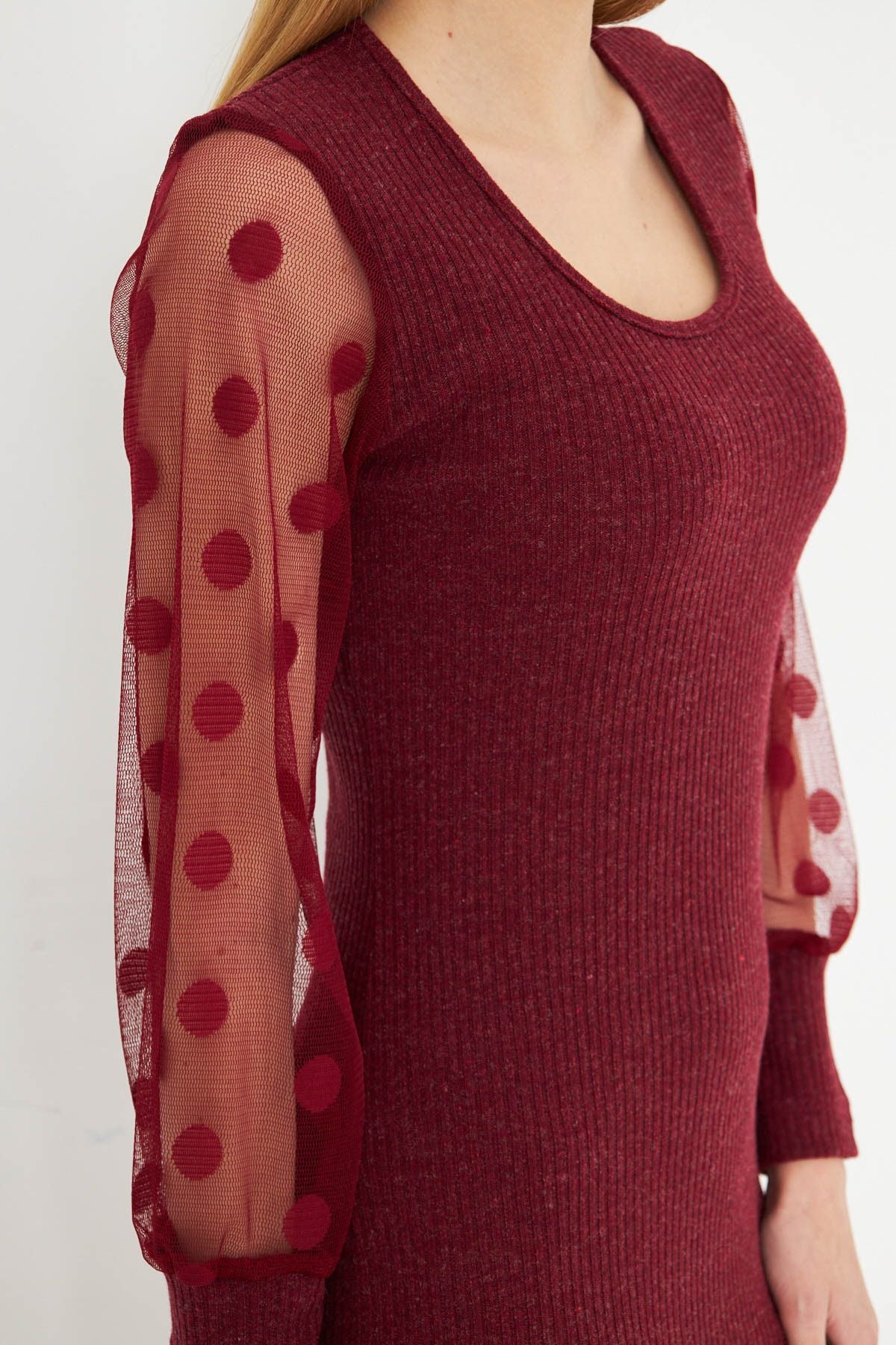 Female Bordeaux U Yaka Sitting on the Body Arms Tulle Detail Kashkorse Knitwear Dress ARM-25K001068
