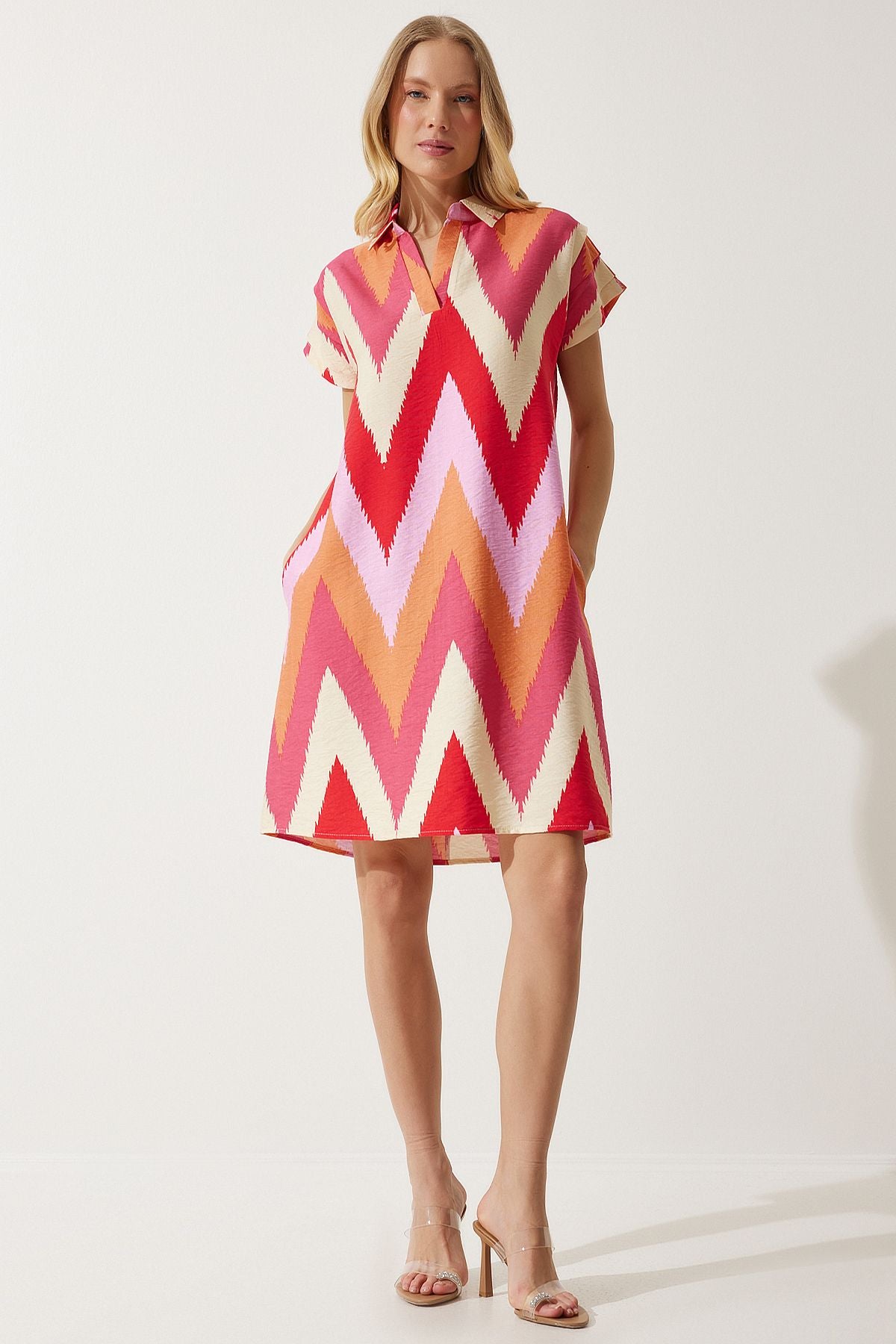 Woman Red Cream Polo Yaka Patterned Summer Dress of00001