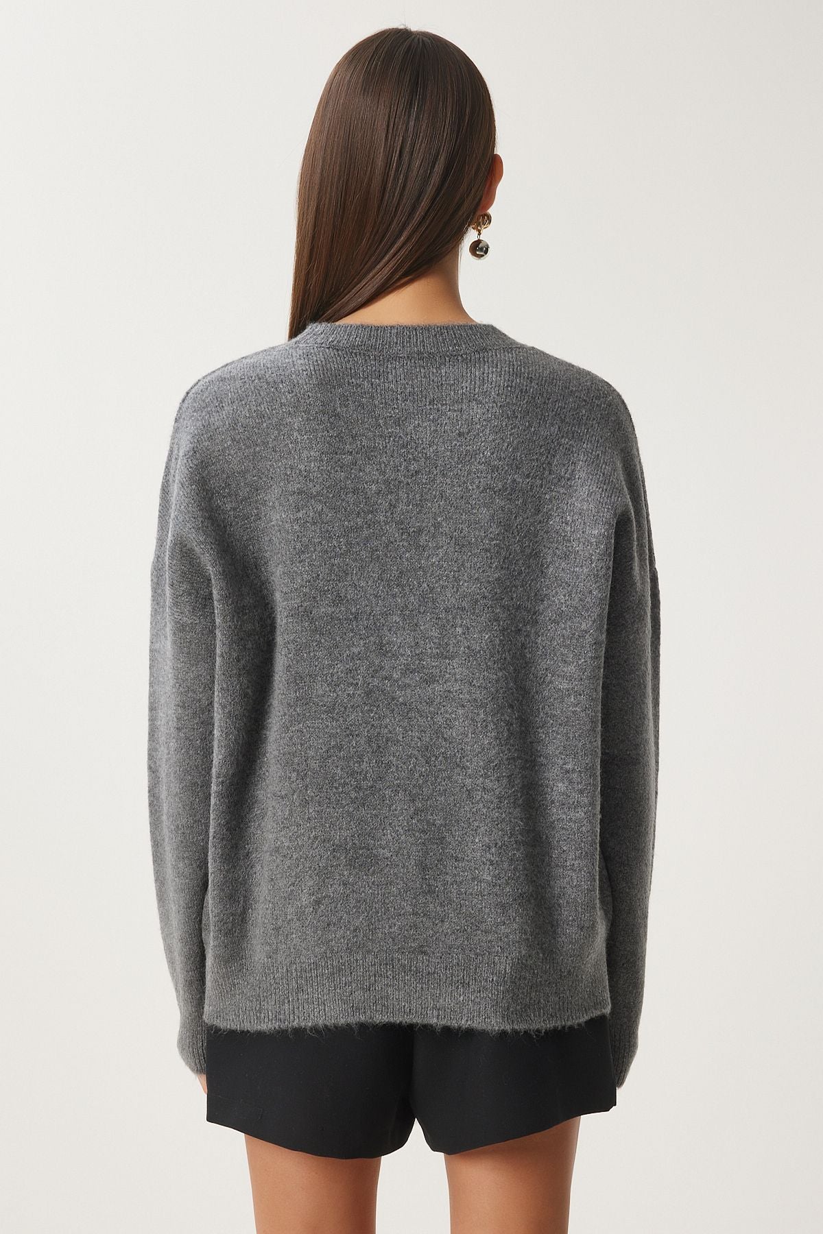 Female anthracite flower detailed knitwear sweater pf00103