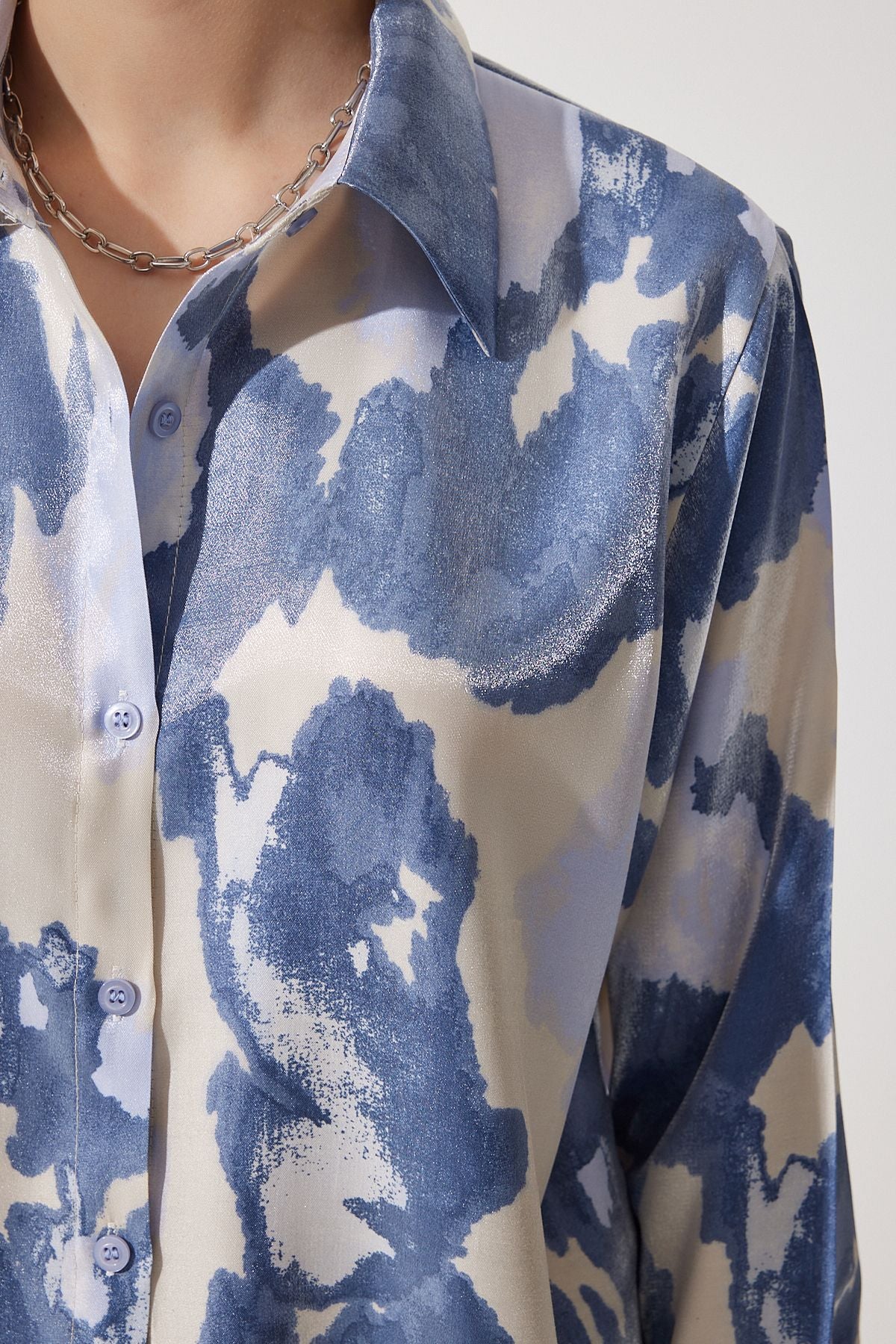 Women's Blue Patterned Satin Surface Short Shirt CR00435
