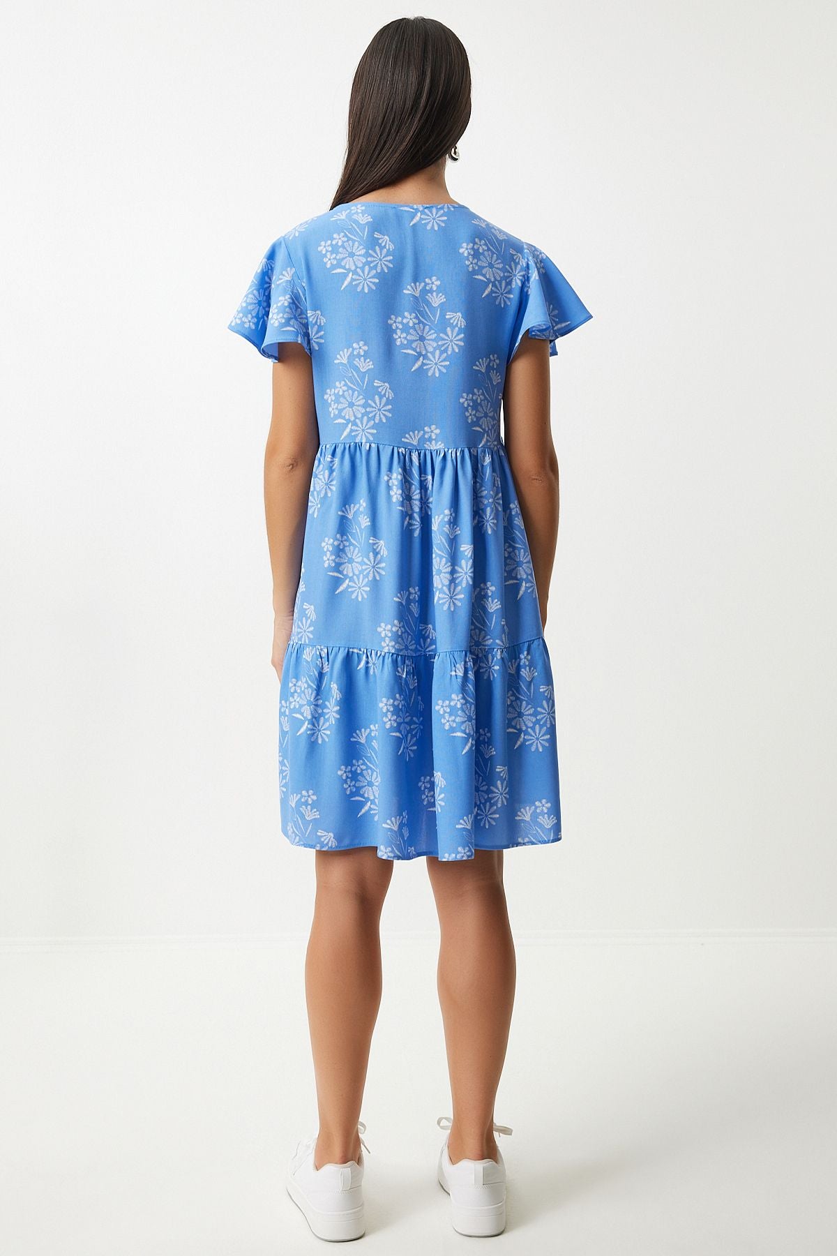 Woman Blue White Flower Summer Viscose Dress DD01330