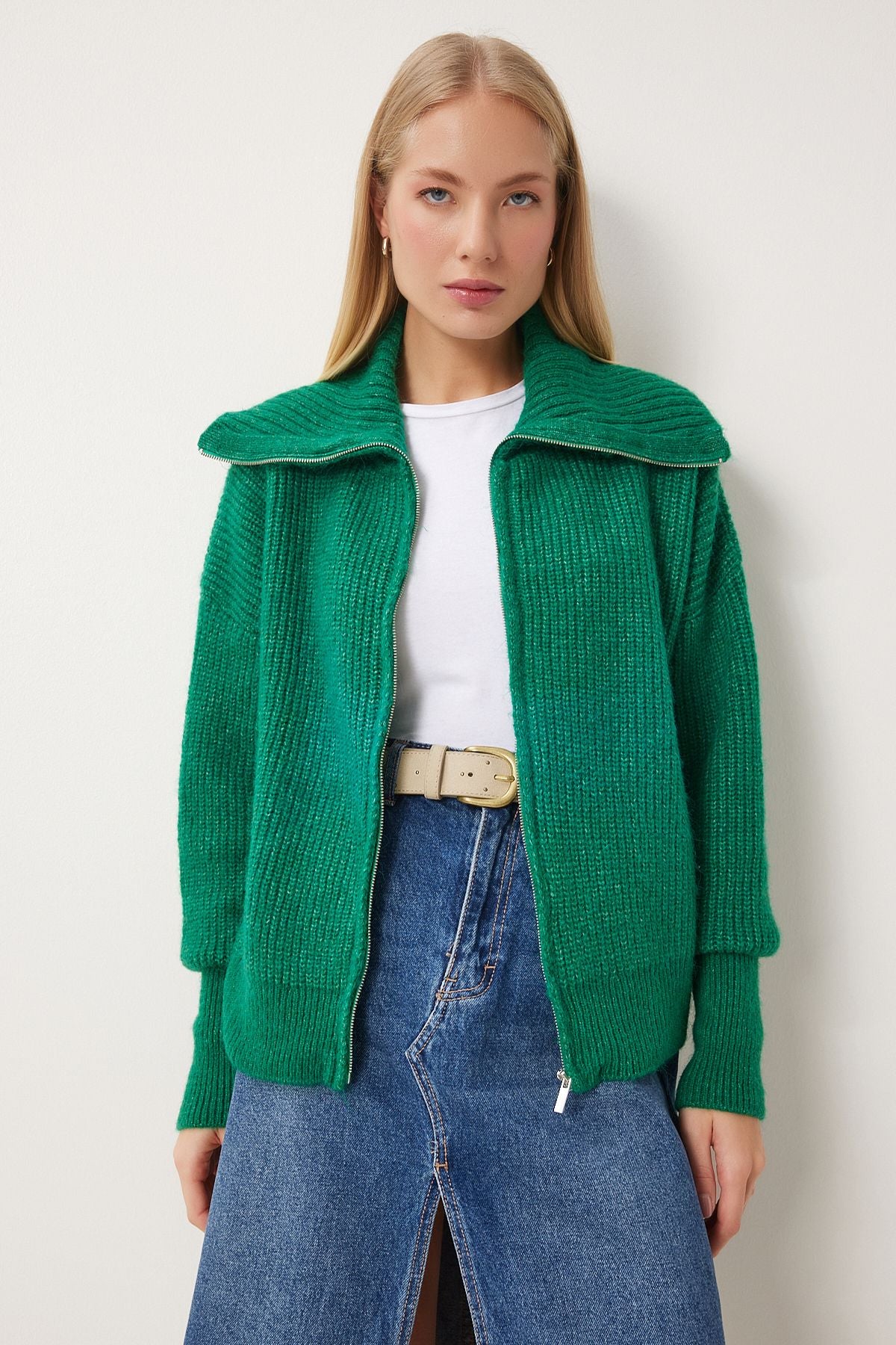Female Green Zippered Neck knitwear cardigan MX00173