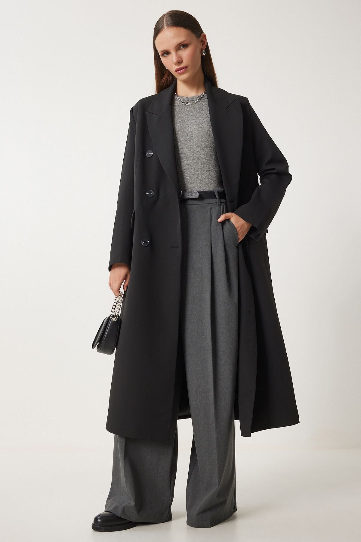 Female Black Shawl Yaka Oversize Premium Woven Jacket Coat FN03381