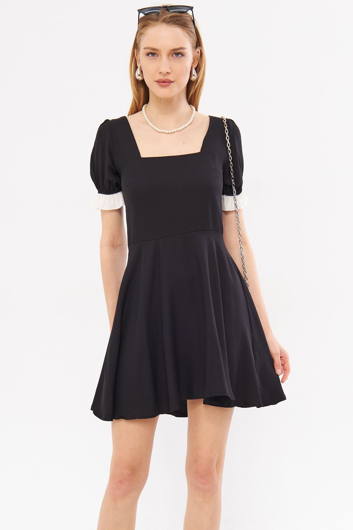 Female Black Front Rear Square Neck Sleeve Tip Detailed Watermelon Sleeve Kloş Mini Dress ARM-24Y001062