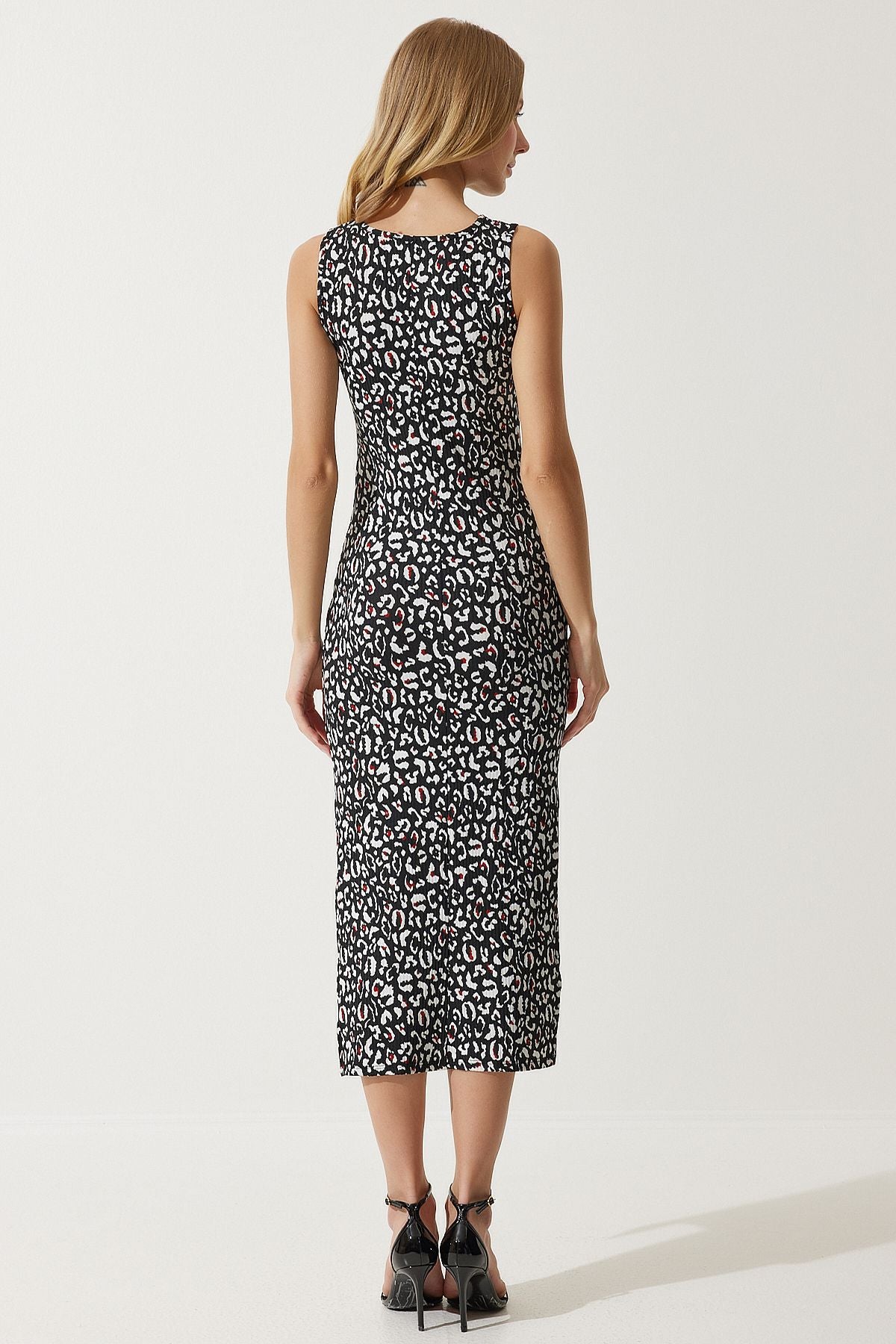 Woman Black White Cut Out Detailed Patterned Knitting Dress MC00270