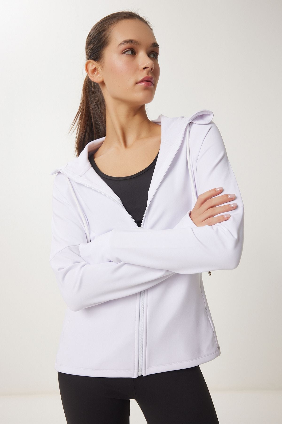 Women's White Finger Detailed Hooded Zipper Knitting Sweatshirt VX00007