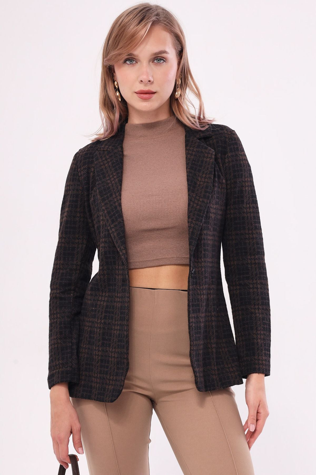 Woman Coffee Coffee Single button with a single button plaid jacket ARM-19K001131