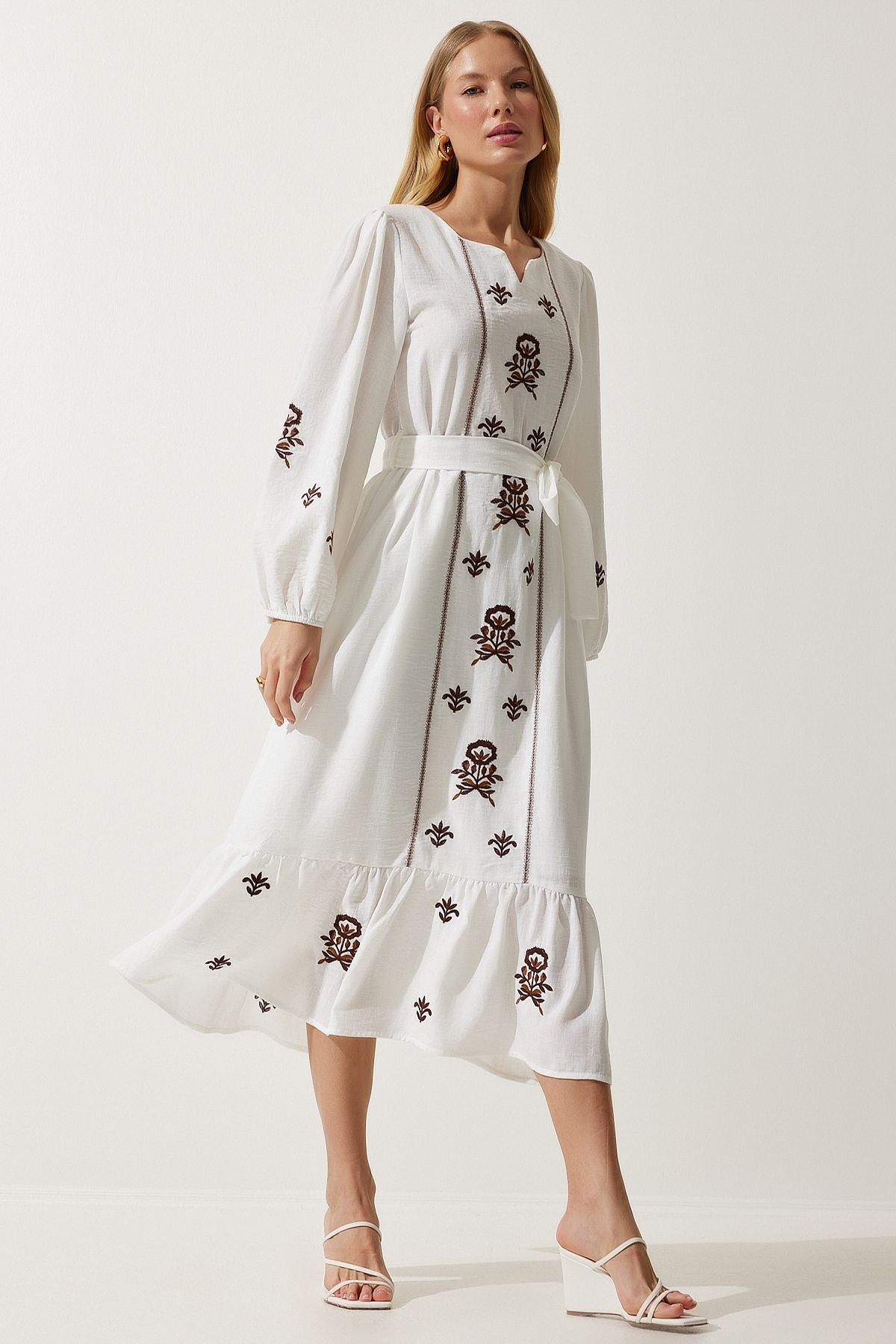 Women's Ecru Embroidery Linen Surface Long Woven Dress RG00017