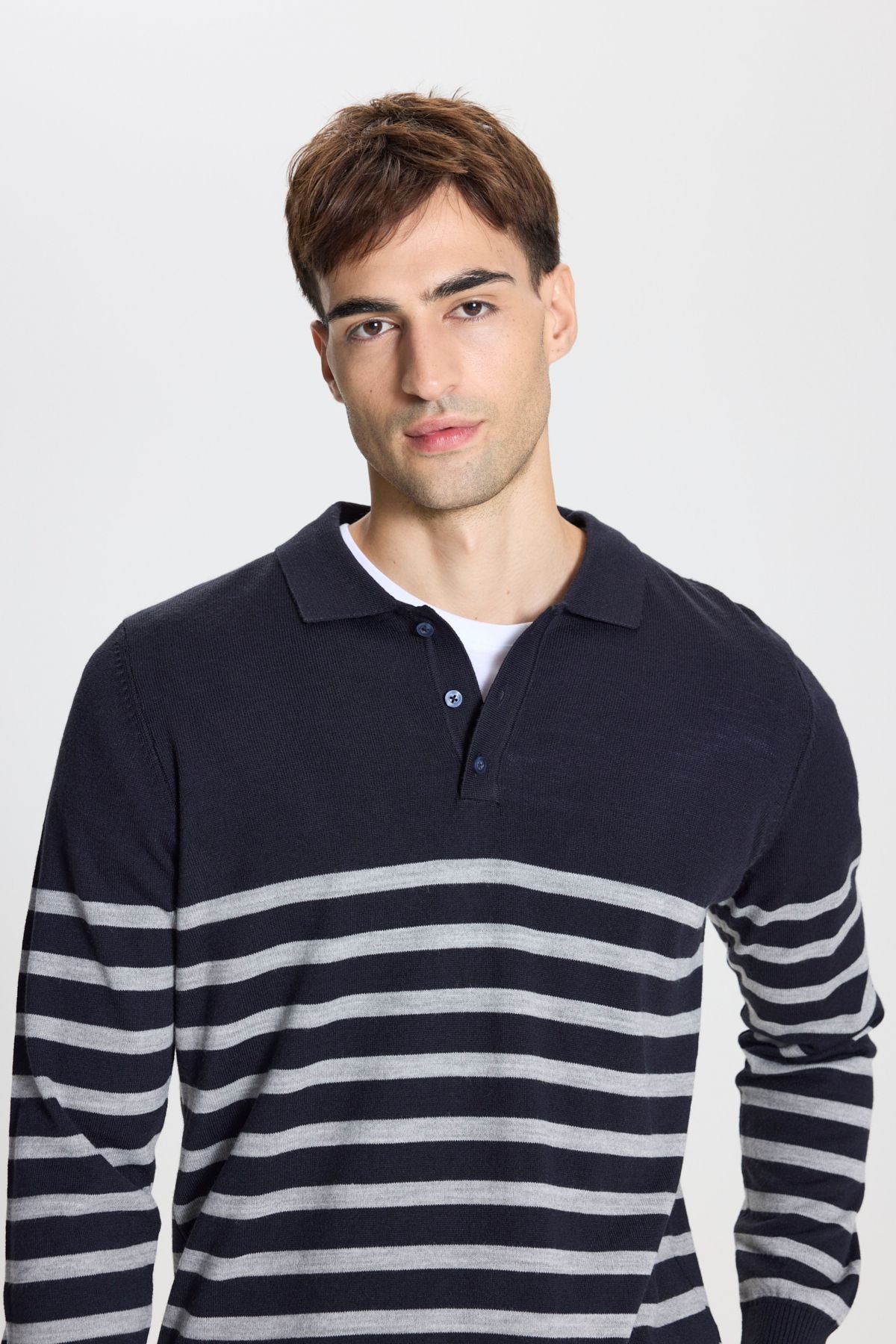 Men's Navy-Gri Standard Fit Normal Cutter Polo Yaka striped knitwear sweater