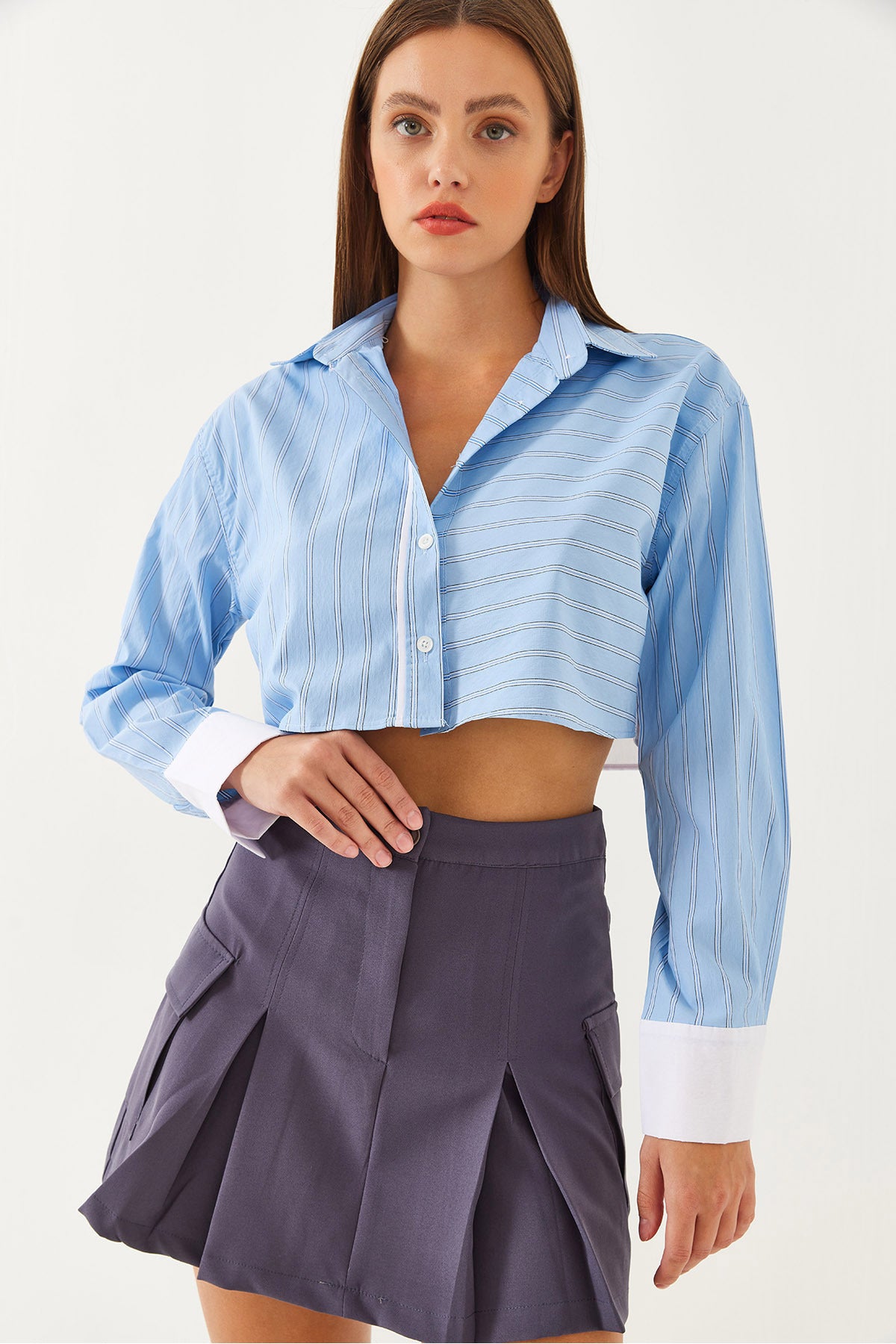 Women's Asymmetrical Striped Cuff Detailed Crop Shirt 4451 60251915