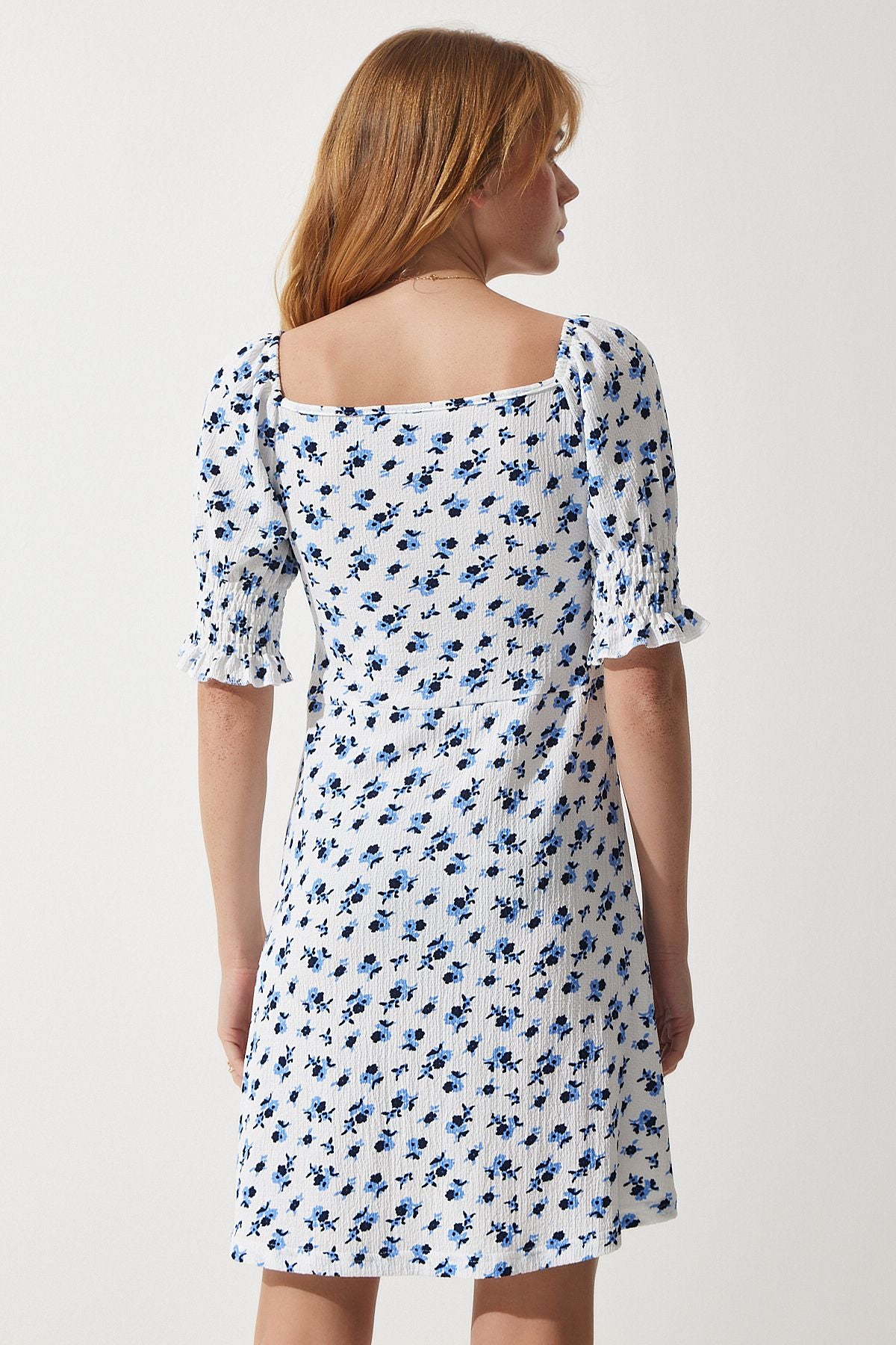 Woman White Shirred V -Neck Patterned Knitting Dress ZV00267