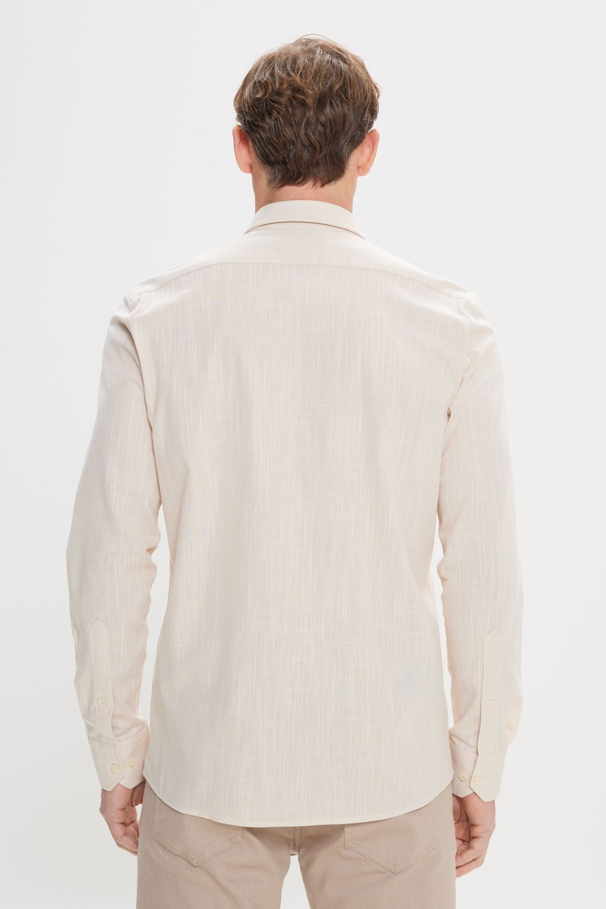 Men's Beige 100 %Cotton Breathing Fabric Flamle Oxford Slim Fit Fit Narrow Cutting Buttoned Neck Shirt