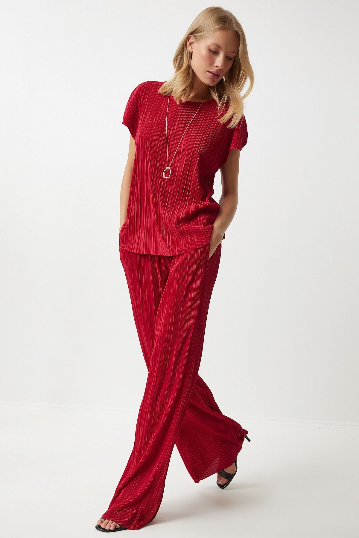 Female Red Pilica Casual Blouse Pants Set Mc00283