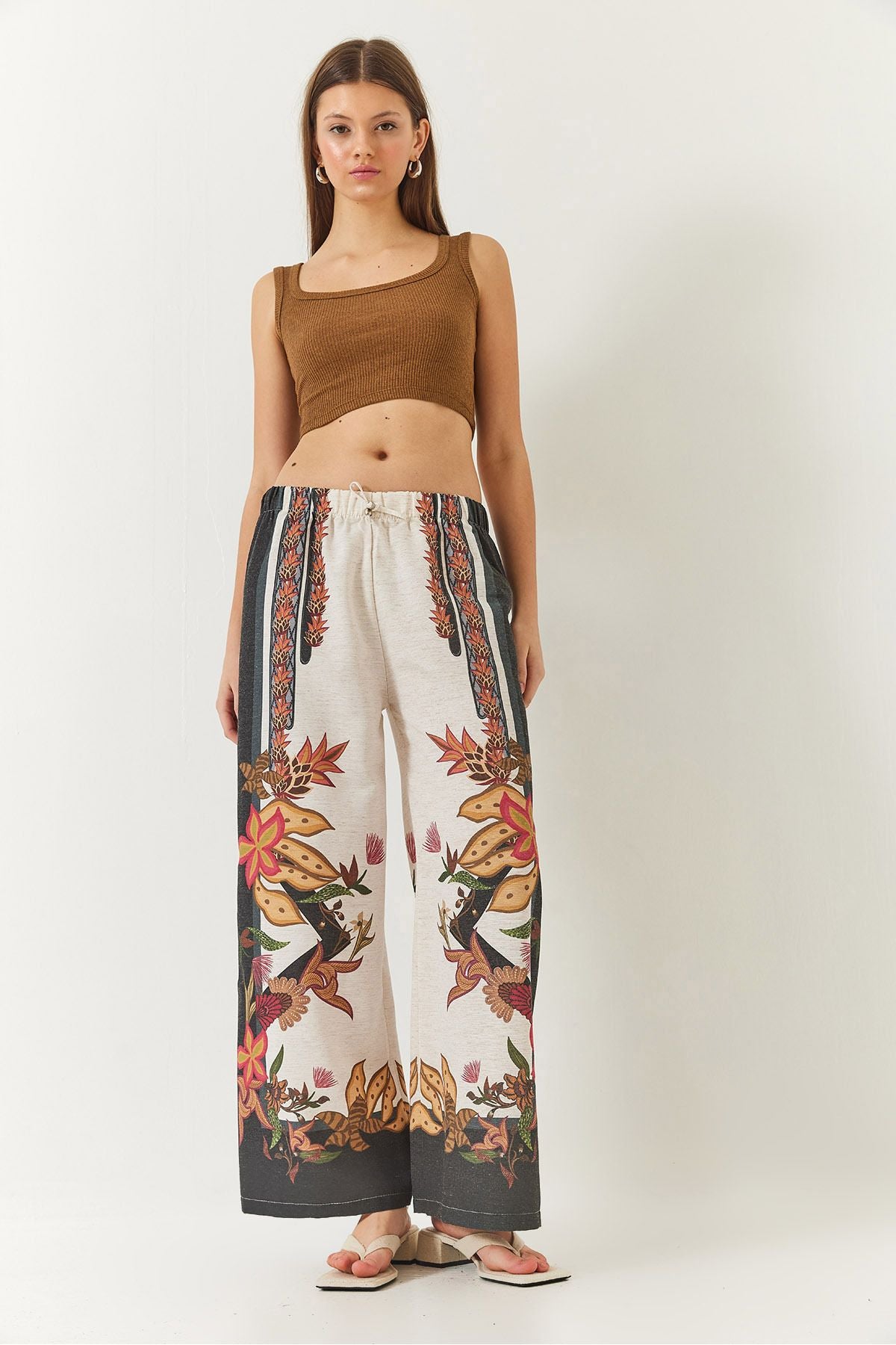 Women's waist rubber baglama detailed patterned palazzo pants 60261416