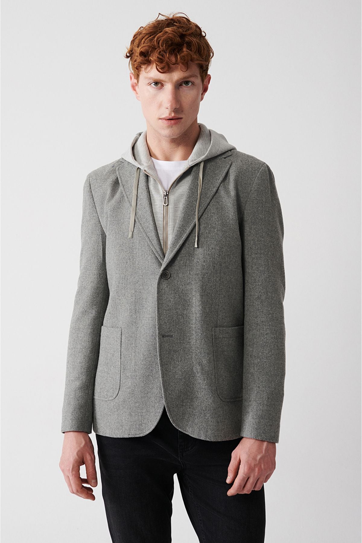 Men's gray removable hooded woolen jacket A32y4017