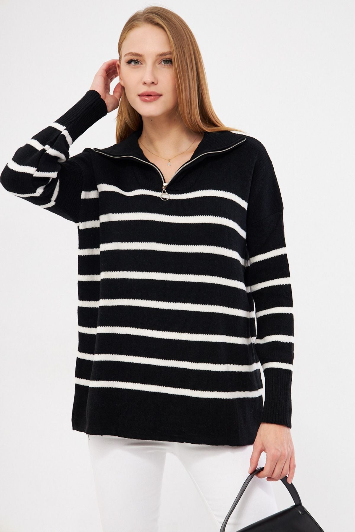 Women's Black Zipper detailed striped knitwear sweater ARM-25K069007