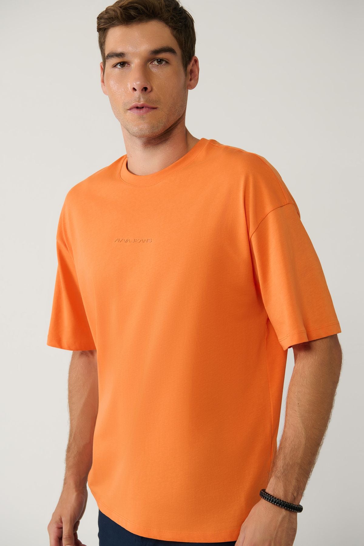 Men's Orange Bicycle Collar Printed 100 %Cotton T-Shirt E001037