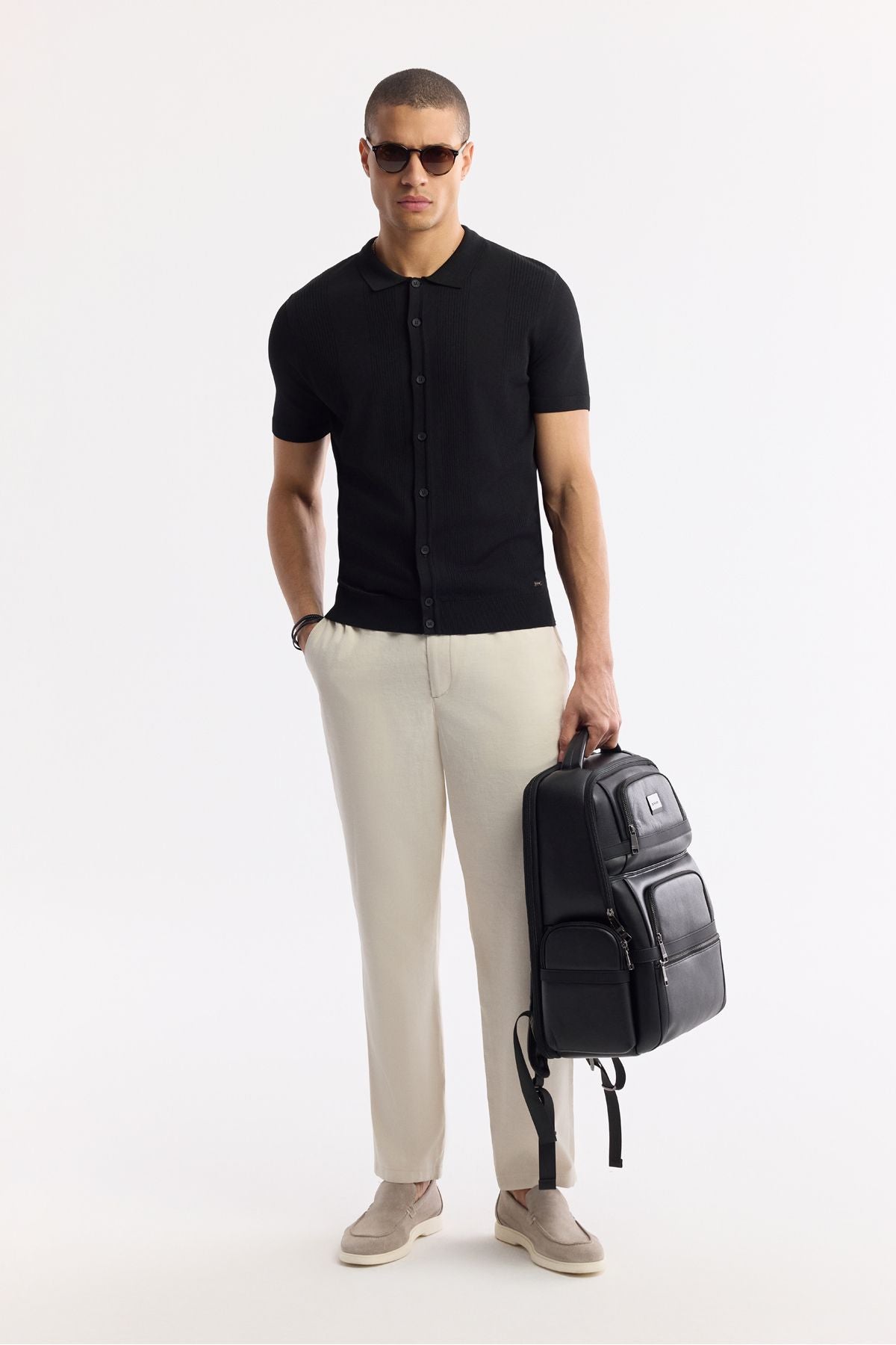 Men's black polo collar front buttoned wick knit patterned rayon knitwear T-shirt A51y5001