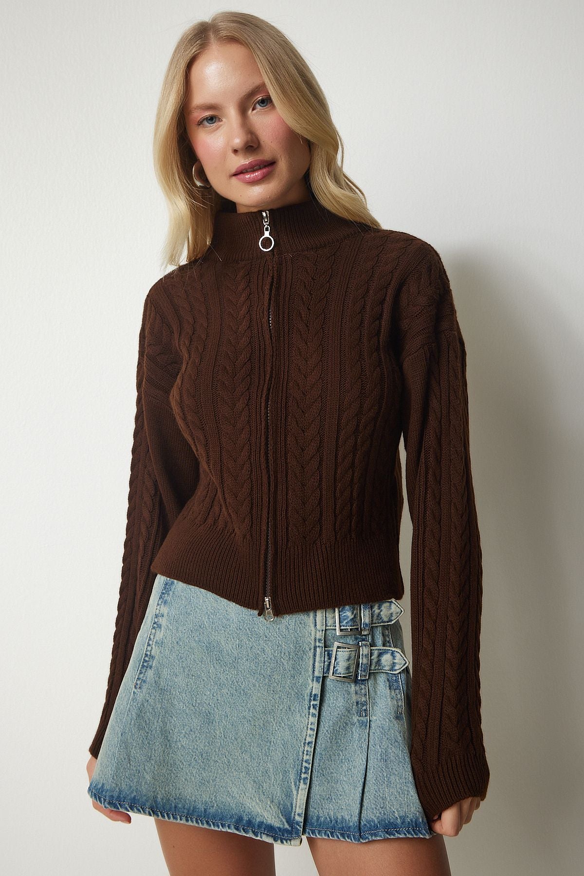 Women's Brown Zipper knitted knitted knitwear cardigan yy00174