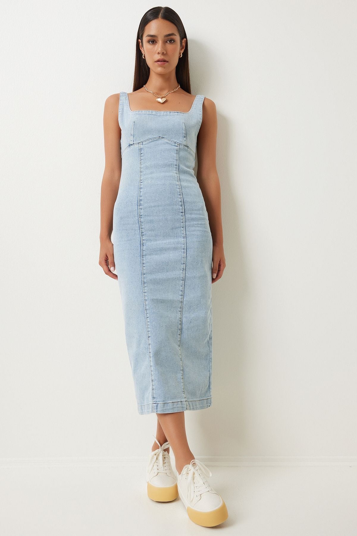 Woman Light Blue Zippered Midi Denim Dress Ok00061