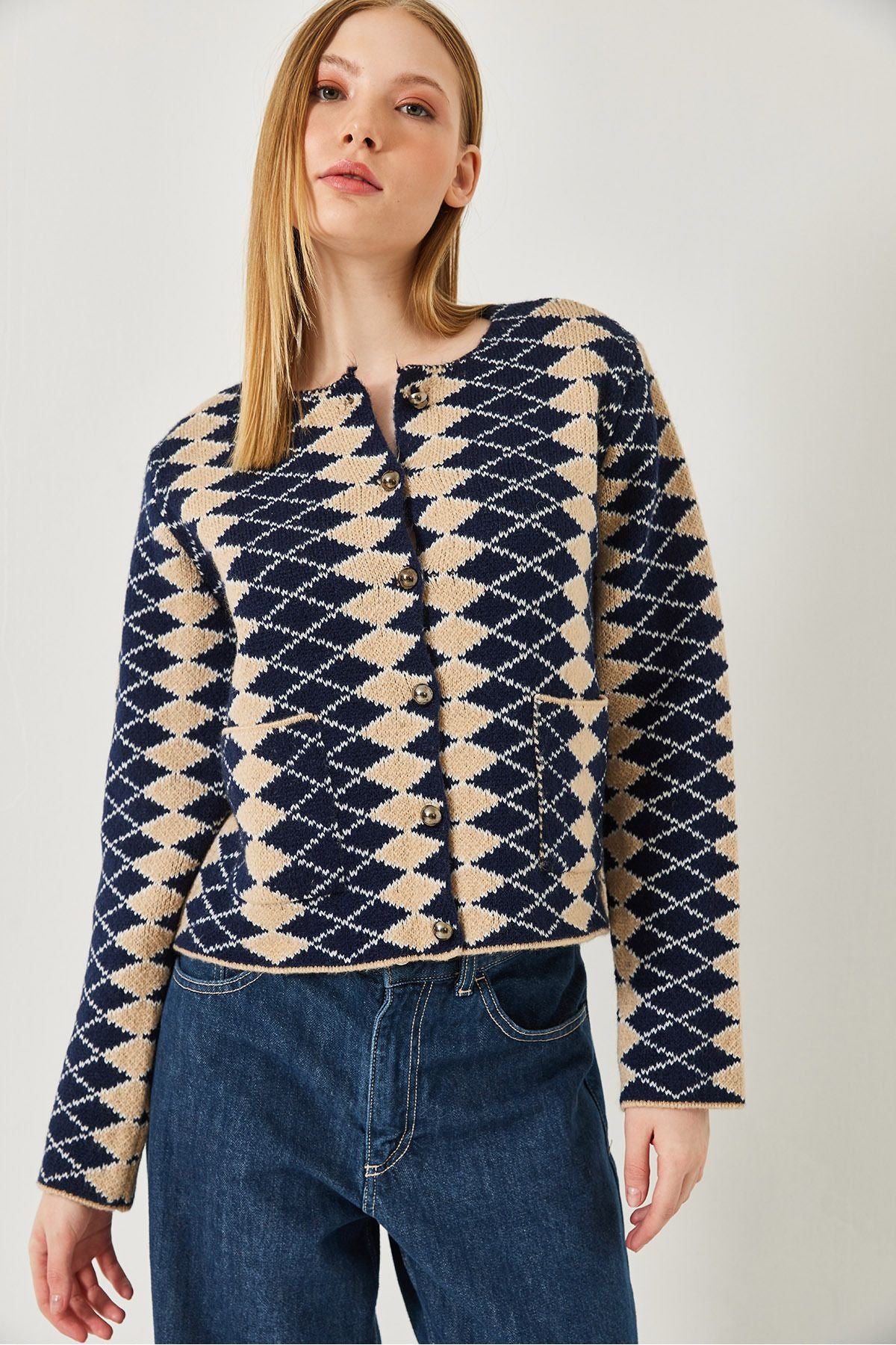 Women's side baklava patterned knitwear cardigan 241139 60261289