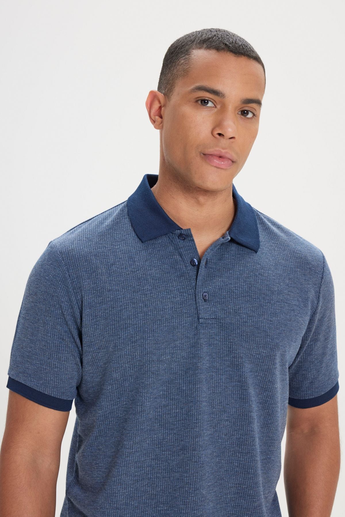 Men's Navy Blue Regular Fit Casual Cut Polo Yaka Cotton Jacquar