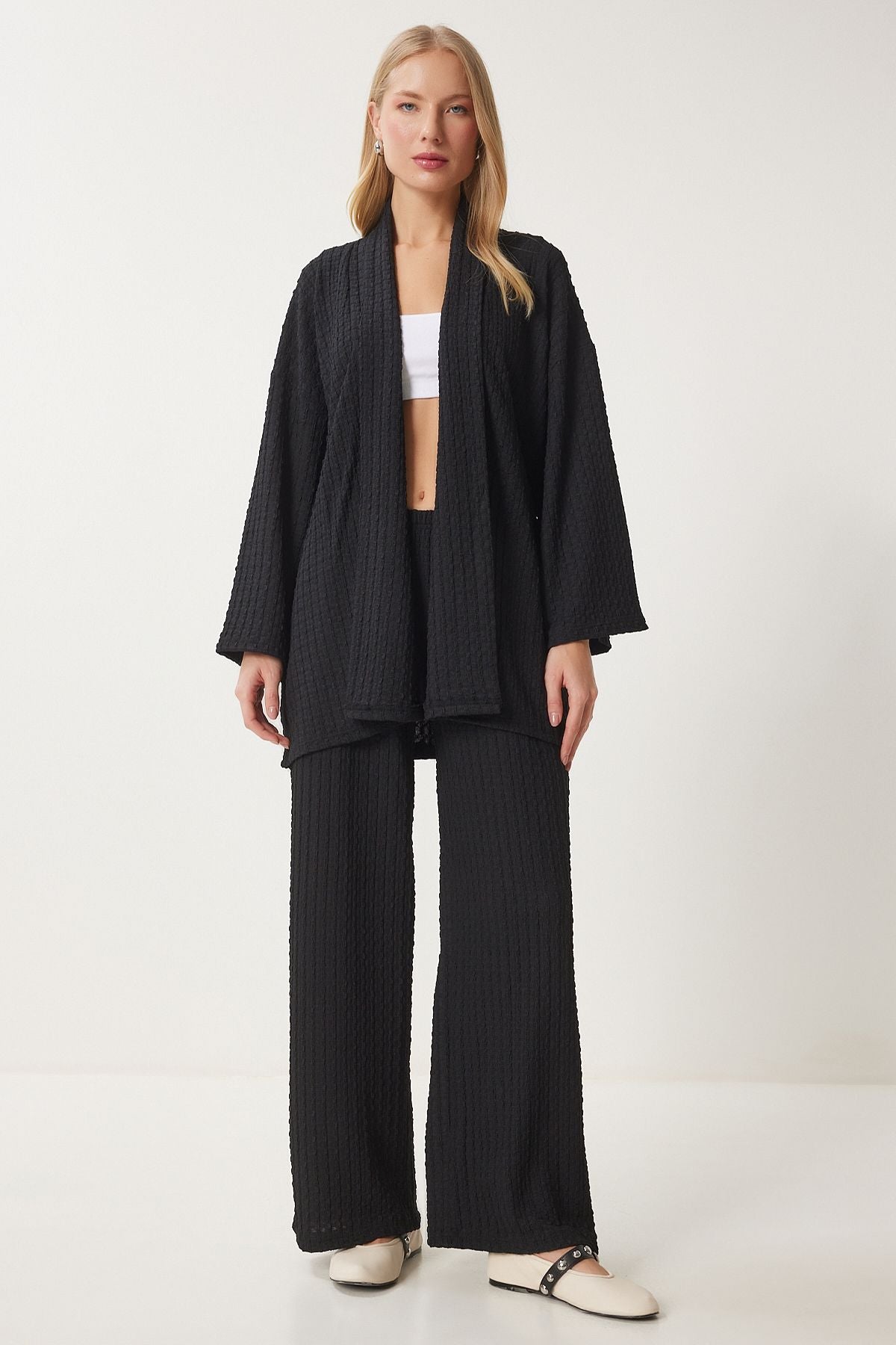 Women's black textured kimono pants knitting set an00217