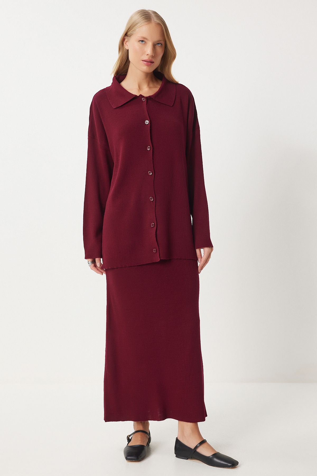 Female Bordeaux Polo Yaka knitwear cardigan skirt set PF00090