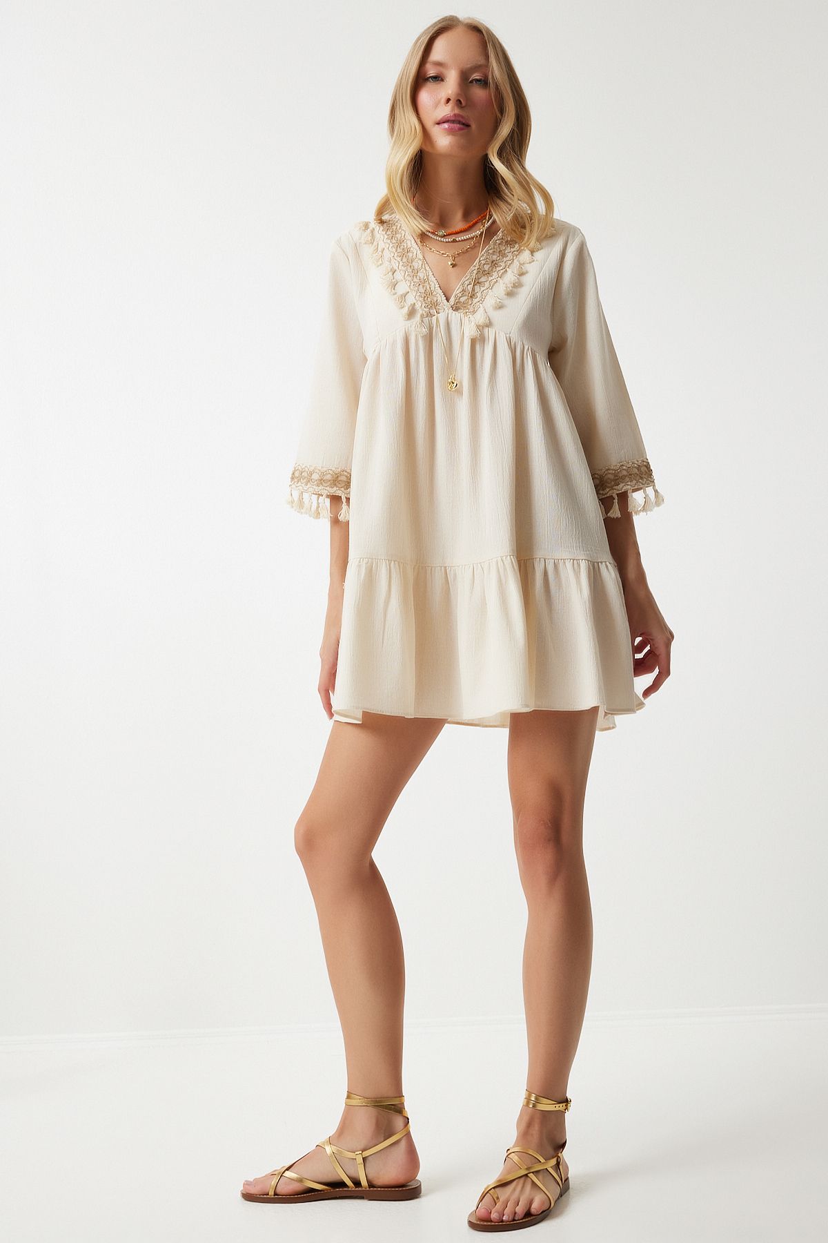 Women's cream v neck tassel detailed mini dress rv00194
